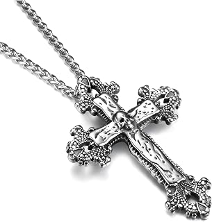 Gothic Stainless Steel Skull Cross Pendant Necklace for Men Women Vintage Jewelry Gift - Symbolizing Both Life and Death - Stylish Everyday Fashion Piece - Silver