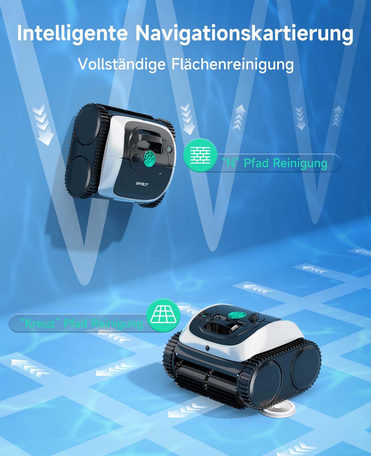 WYBOT C1 Poolroboter mit Akku Intelligente Routenplanung, Vollautomatisch Poolreiniger Boden, Wasserlinie, und Wandreinigung, leistungsstarke Dreifachmotor läuft 150 Minuten lang, bis zu 150 ㎡-Weiß
