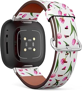 CJBROES Replacement Leather Watch Band, Compatible with Fitbit Versa 3 and Fitbit Sense of Wristband Bracelet Accessory - Realistic Pink Tulips Petal