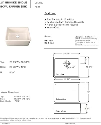 Miniatura 3 de Brooke - Fregadero delantero con delantal de arcilla refractaria, 23-38 pulgadas de ancho x 18-14 pulgadas de profundidad x 8-34 pulgadas de alto