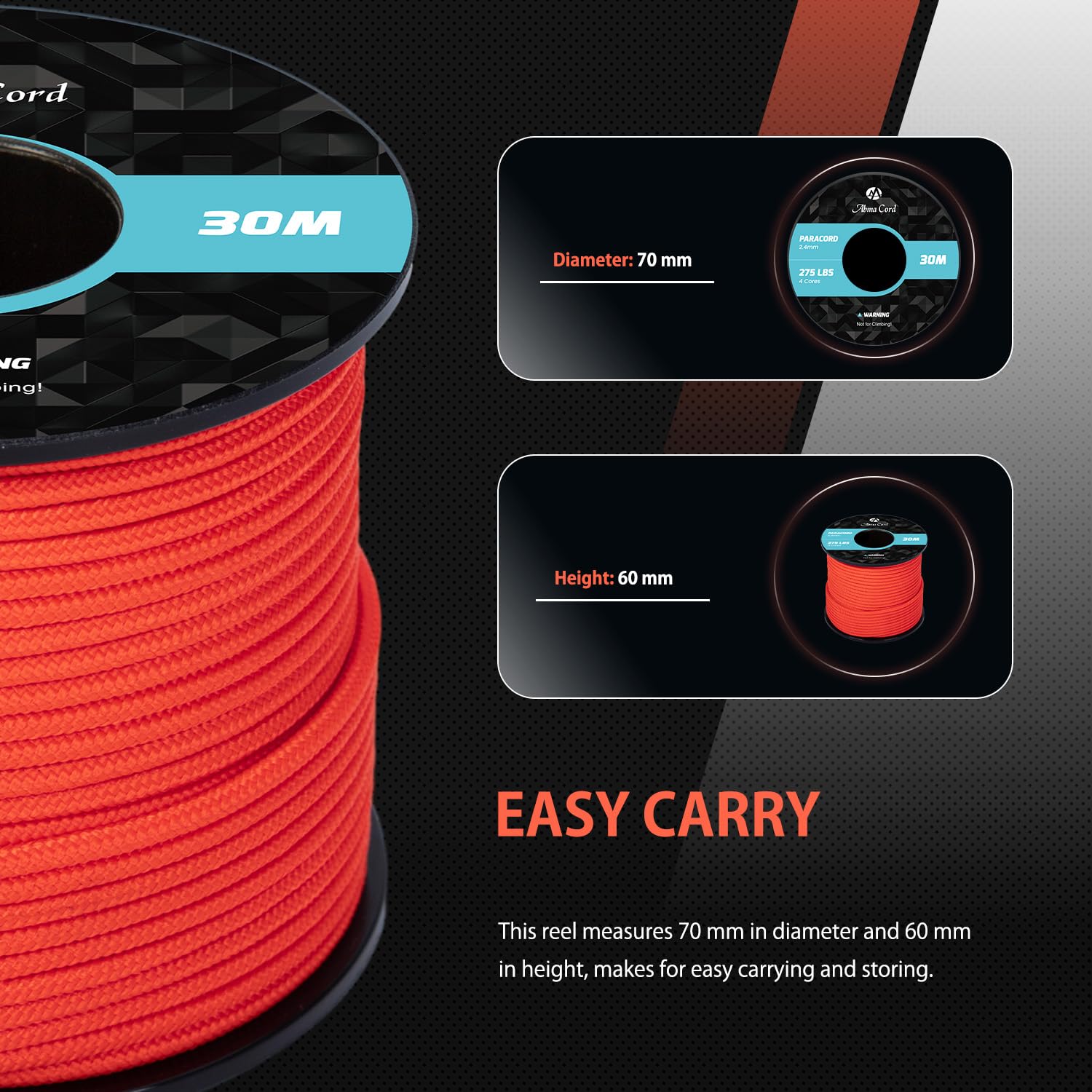 Corde Paracorde 275 Nylon 2,4 mm 4 Brins Survie Extérieure Max. 125kg Néon Orange