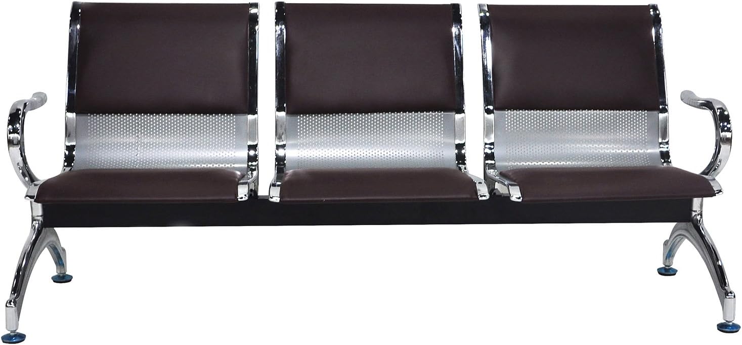 WALCUT Reception Airport Bank Waiting Room Chair Metal 3-Seat Bench w/Leather Cushion