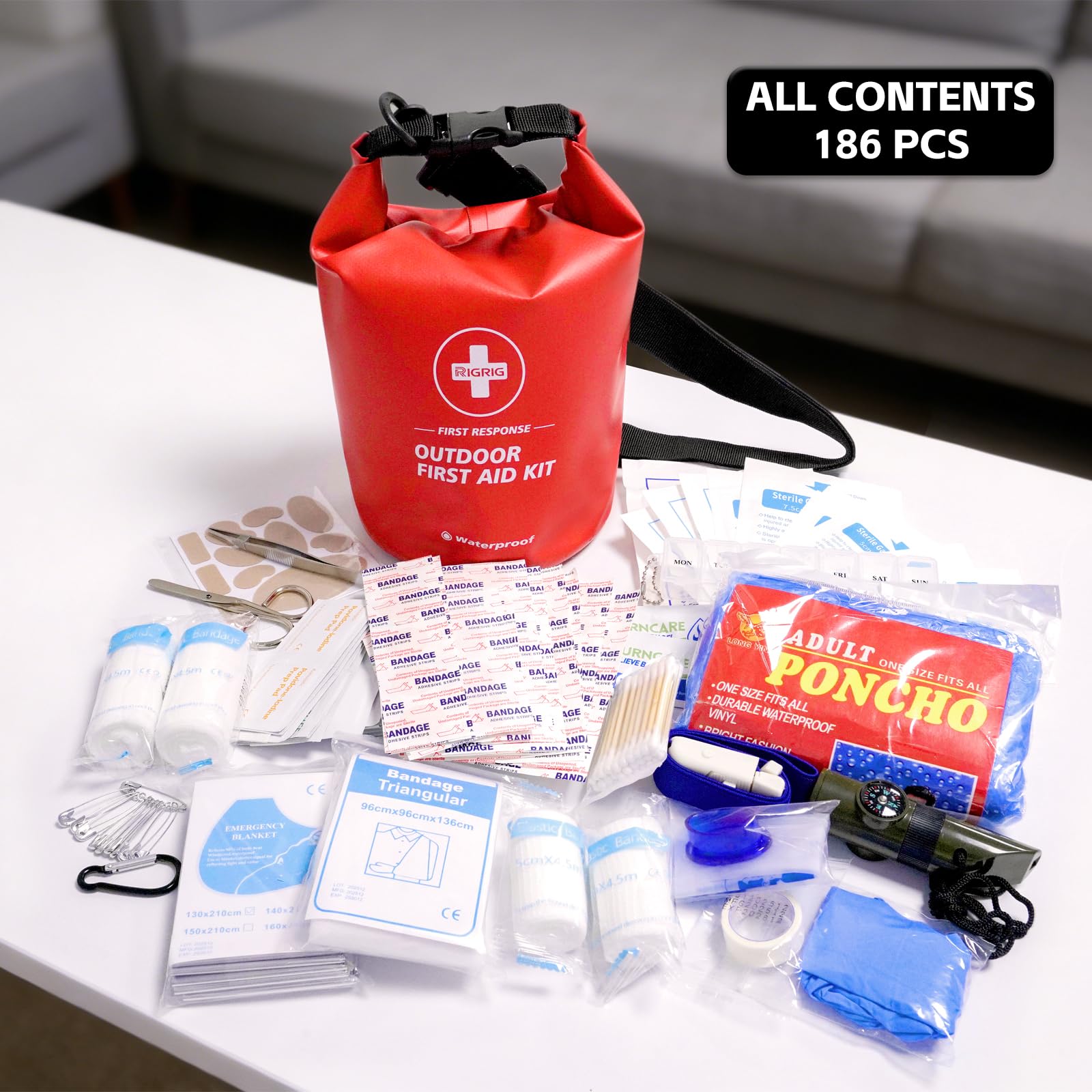 Waterproof First Aid Kit 186 Pcs Survival Gear, Portable Small Boat Dry Bag Bug Out Bags, Emergencies Medical Kit Ideal for Boating, Fishing, Hiking, Camping, Kayaking (Red) — Amazon image 3