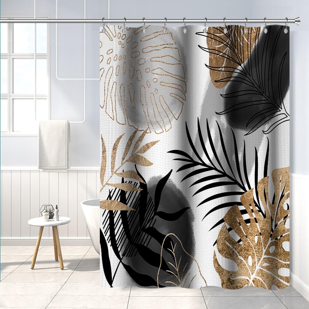 Boho Shower Curtain Set for Bathroom Waffle Abstract Green Gold Tropical Palm Leaves Shower Curtains 72x72inches Farmhouse Stall RV Minimalist Waterproof Fabric Shower Curtain with Hooks