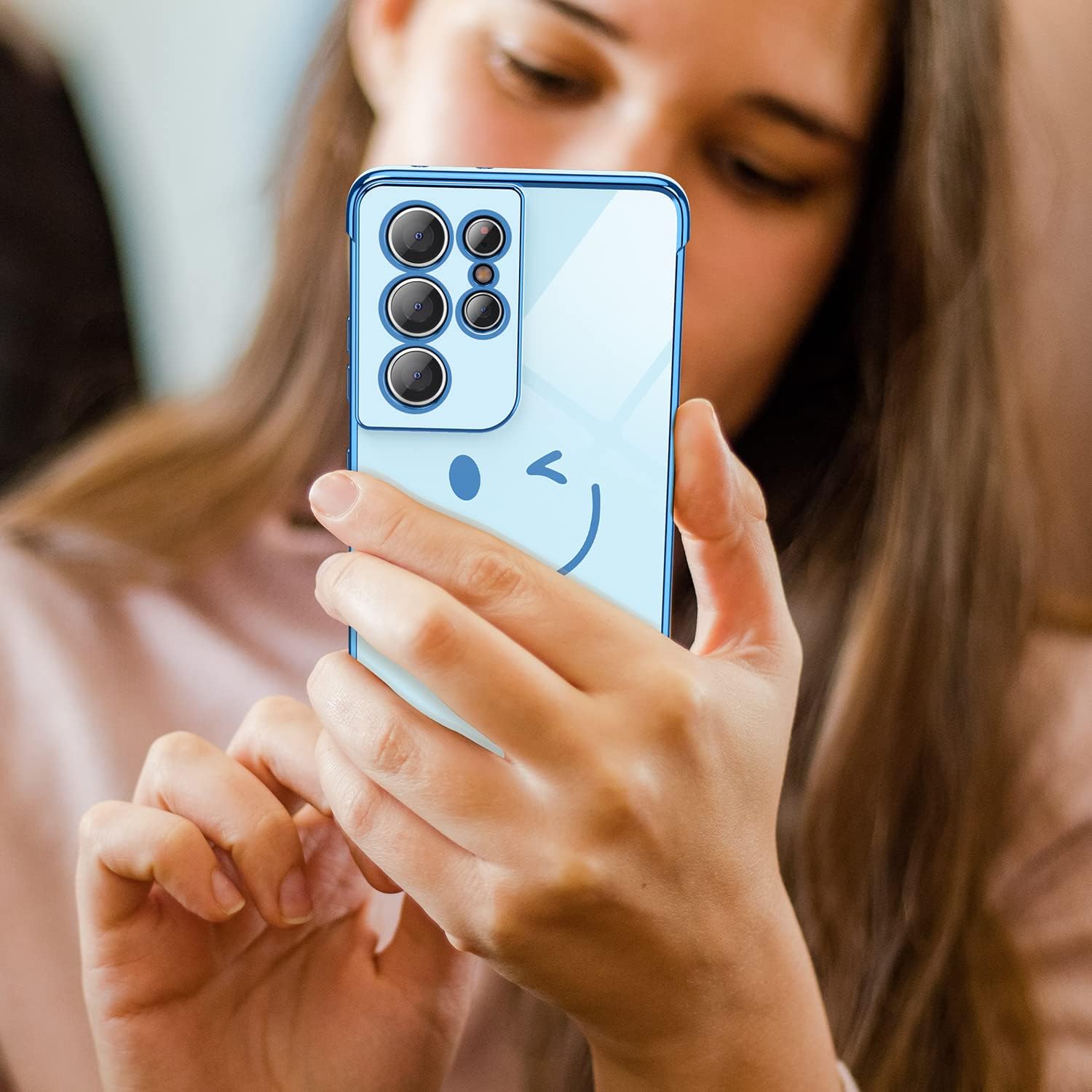 Facweek Galaxy S21 Ultra Case, Glitter Candy Color Slim Fit Soft Silicone Phone Case for Girls Women, Happy Smile Face Luxury Plating, Shockproof Bumper Drop Protection Cover Case, 6.8 Inch Light Blue