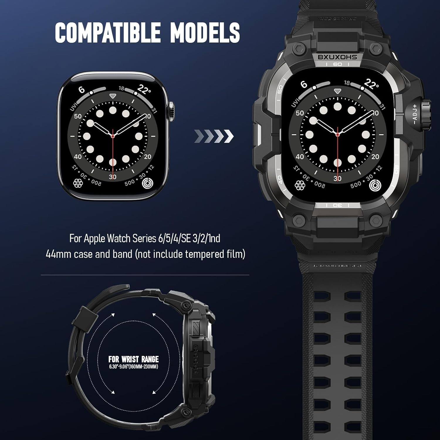 BXUXOHS Rugged Case and Band for Apple Watch 44mm Men, Compatible with Apple Watch SE 3/SE 2nd Generation/SE/Series 6/5/4, Military Grade Shockproof Bumper Cover,Tactical Band Case for iWatch 6/5/4/SE