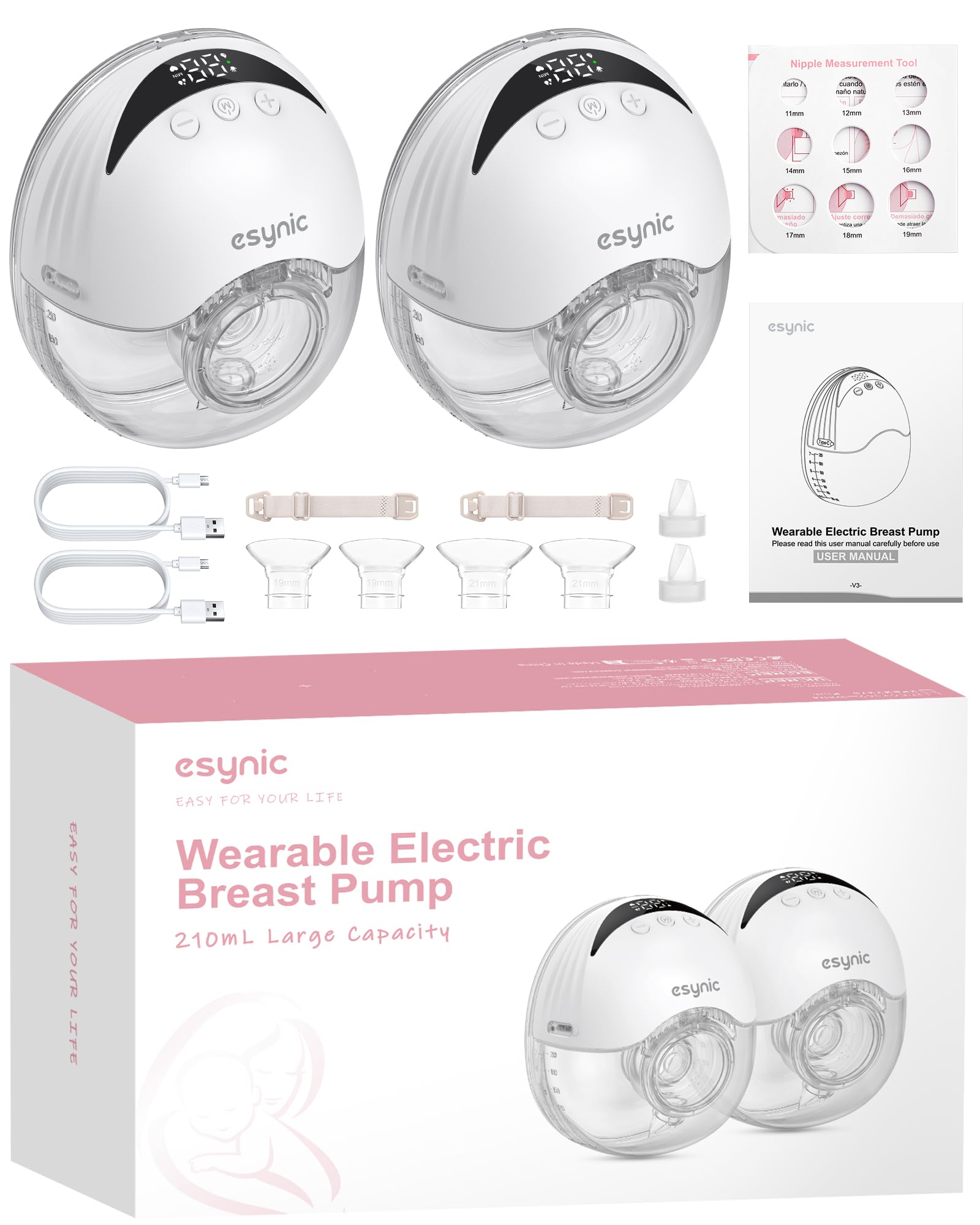eSynic 2PZ Tiralatte Elettrico Indossabile 210ML, 4 Modalità 12 Livelli, LED Display, 2x Pompa per Allattamento Ricaricabile con Frange 19/21/24mm, Tira Latte Portatile Antiriflusso Senza BPA - Bianco