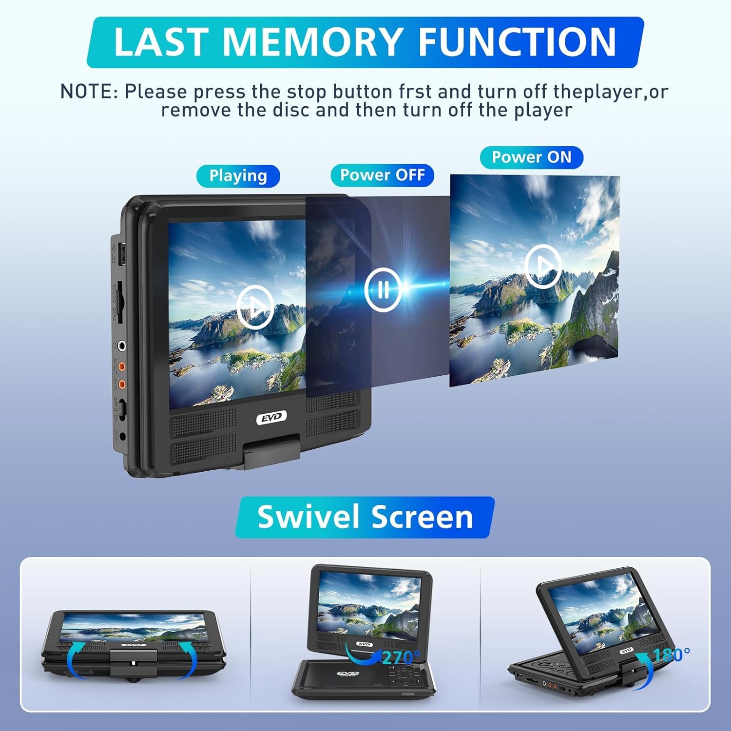PJGCWB Lecteur DVD portable de 11,5" avec écran pivotant de 9,5", batterie rechargeable de 5 heures, lecteur DVD de voiture pour enfants, prend en charge carte SD/USB/CD/DVD et plusieurs formats de