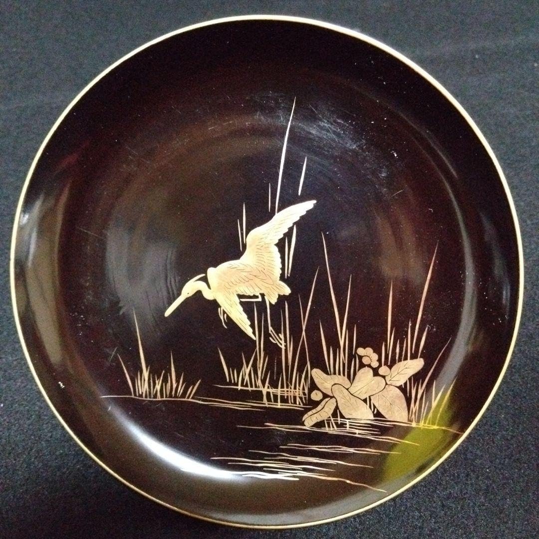 Amazon.co.jp: 漆器輪島塗 江戸期 金蒔絵 金縁 本漆塗 天然木 白鷺紋様 