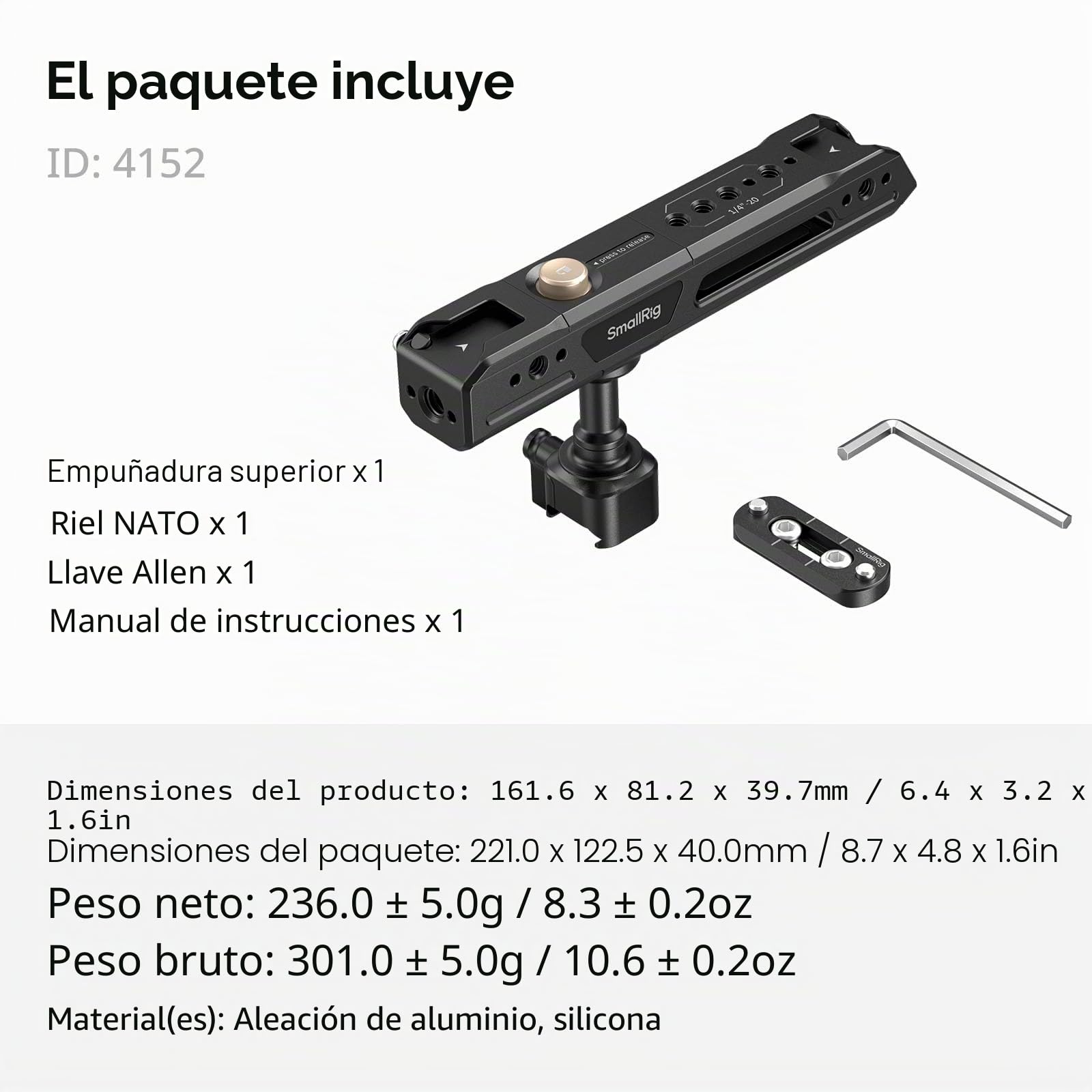 SmallRig Mango superior giratorio con pinza NATO, mango superior ligero NATO para jaula de cámara, capacidad máxima 15 kg, rotación de 360°, con soporte de garra y agujeros roscados de