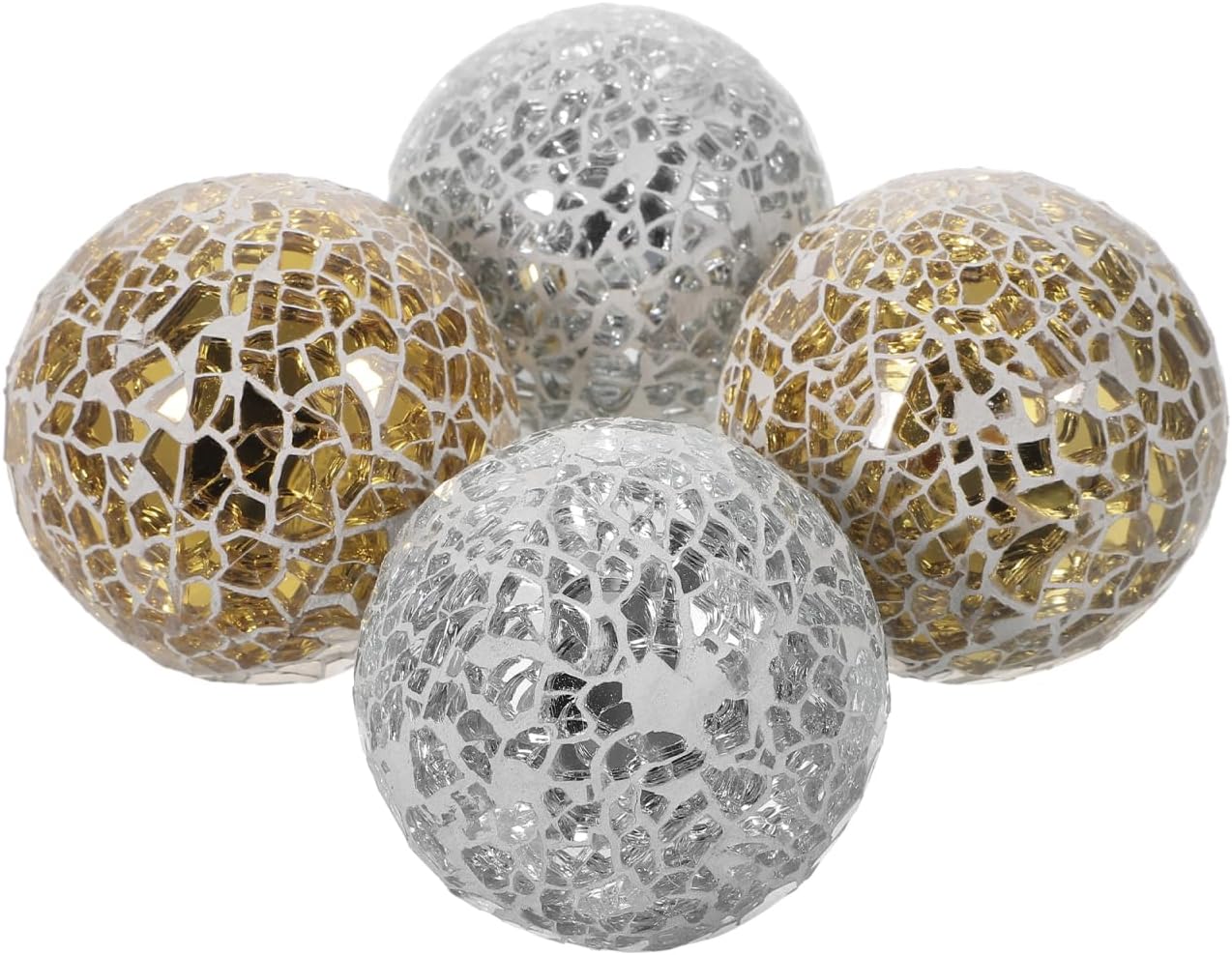 Amosfun 4Pcs Mosaic Glass Balls 3.1 Inch Decorative Orbs for Bowls Table Vases Home Decor Accents Silver and Gold