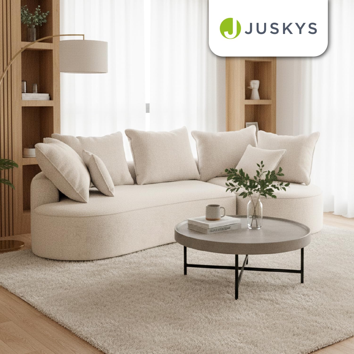 Juskys Sofa Tirano - Bouclé Creme, Ecksofa mit L-Form, mit Rücken- & Dekokissen, 4-Sitzer Eckcouch, Schaumstoff - Ottomane rechts