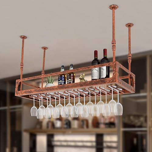Miniatura 3 de Botellero colgante vintage con soporte para vidrio y estante, 39 pulgadas montado en el techo para botella de vino y soporte para vidrio, estante de