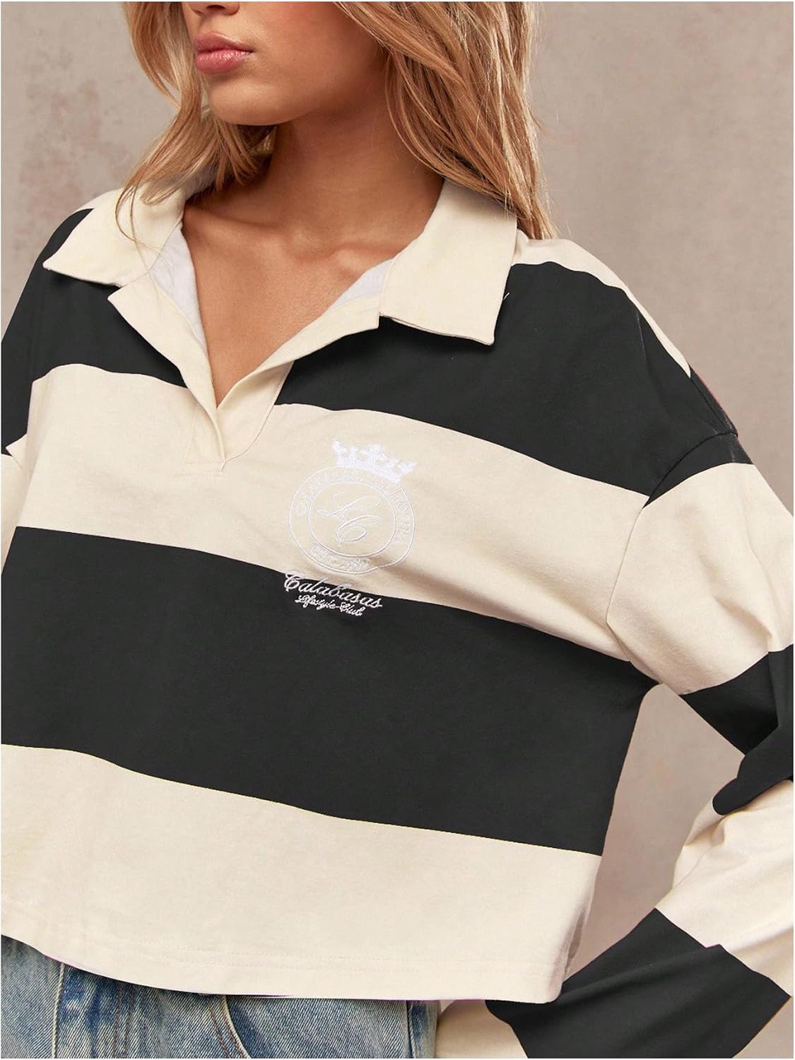 SweatyRocks Women's Rugby Shirt Striped Crop Sweatshirt Pullover Long Sleeve Tennis Cropped Tops Streetwear