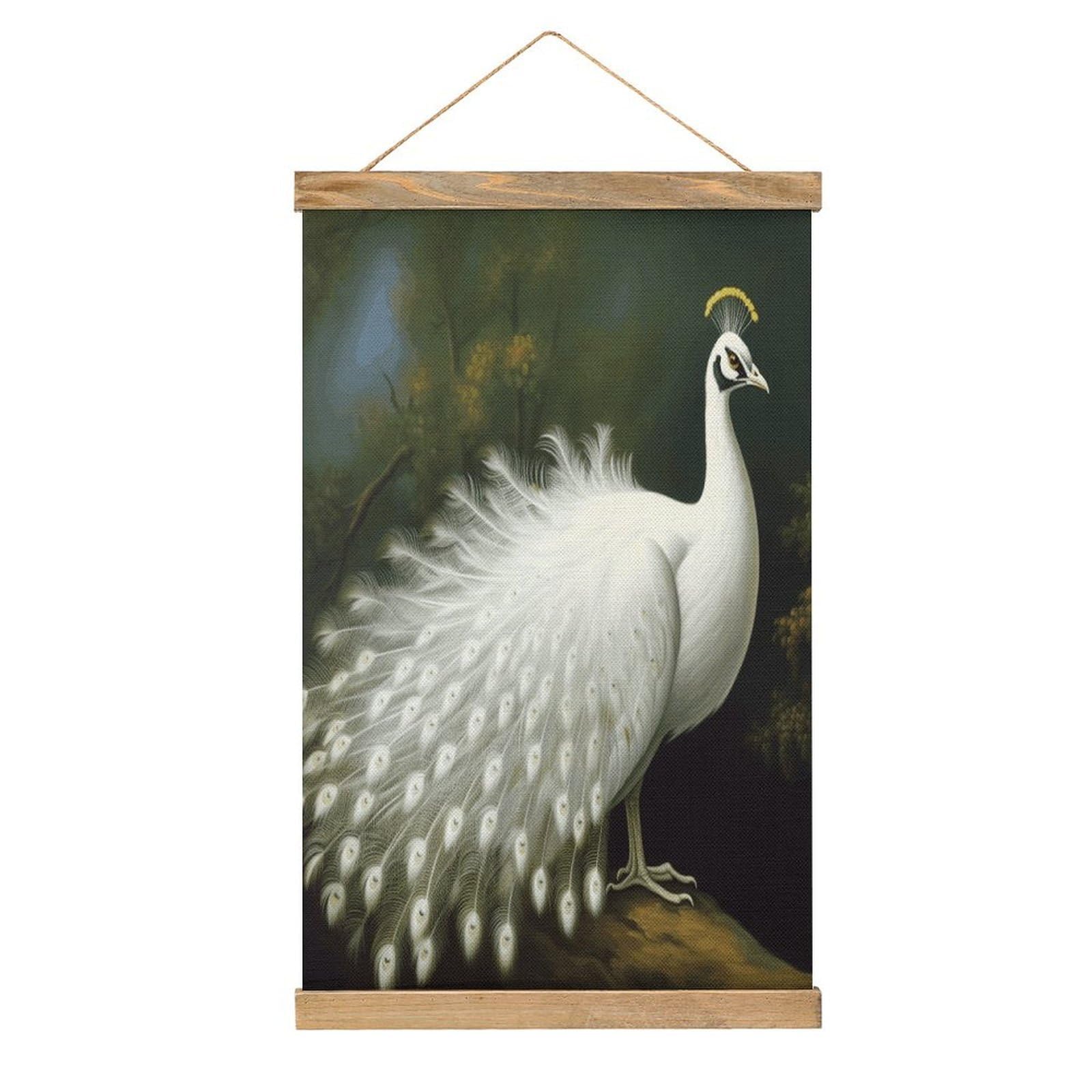 FekiLoot White Peacock Wall Art Poster Hanger Frame Linen Wall Art Decor Vintage Hanging Poster Hanging Wall Decor Rustic Retro Wall Art Print for Living Room Decor 20.4 X 13.1Inches