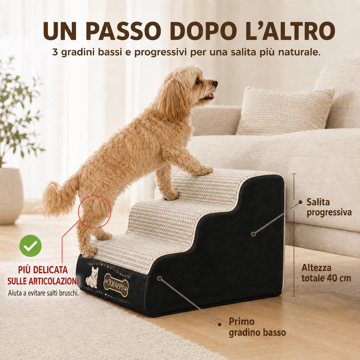 Scaletta per Cani a 3 Gradini con Lavazampe e Guanto Rimuovipeli | Scala per cani per letto e divano, schiuma 30D, rivestimento sfoderabile e idrorepellente, base antiscivolo, 40 x 60 x 40 cm