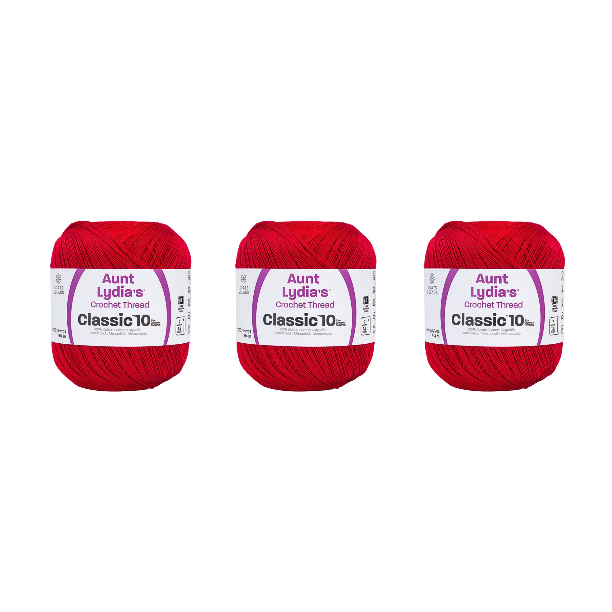 Aunt Lydia Value Victory Red Crochet - 3 Pack of 1000y/914m - Cotton - Gauge 10 - Crochet