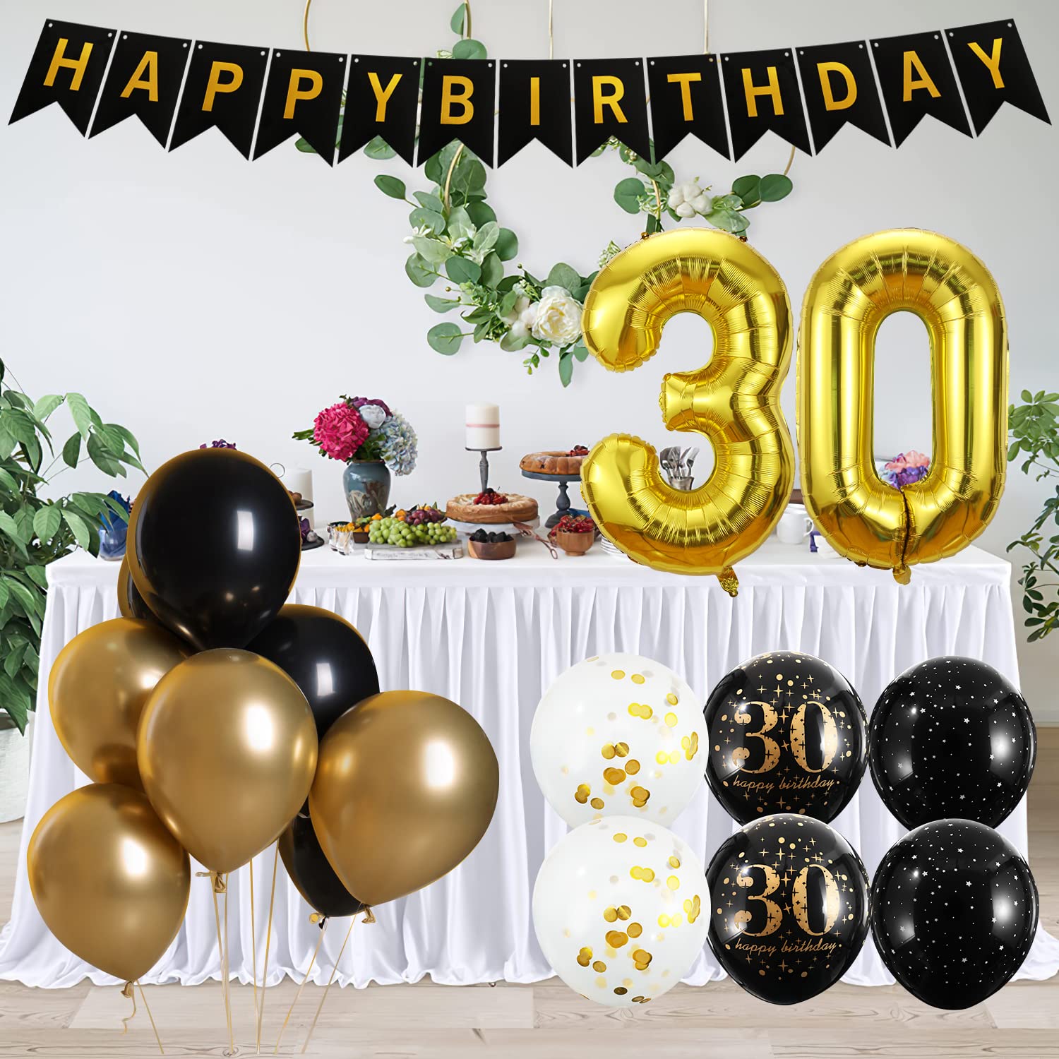 palloncini 30 anni compleanno oro nero,palloncini 30 anni compleanno nero,palloncini 30° compleanno uomo donna,decorazioni festa 30 anni compleanno donna, decorazione compleanni 30 anni uomo nero