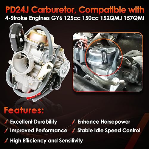 Miniatura 2 de PD24J Carburador de 0.945 in para GY6 125cc 150cc 152QMJ 157QMI Motores de 4 tiempos Estrangulador eléctrico motocicleta Scooter con filtro de aire