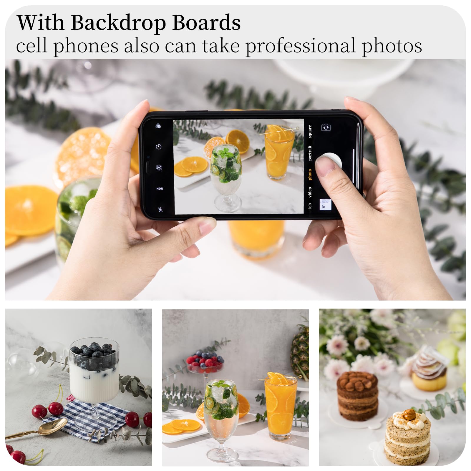 2 Pack Backdrop Boards for Photo | 24 x 24 Inches | Replica Surface | Food Photography Background | Marble & Cement | 4 Brackets