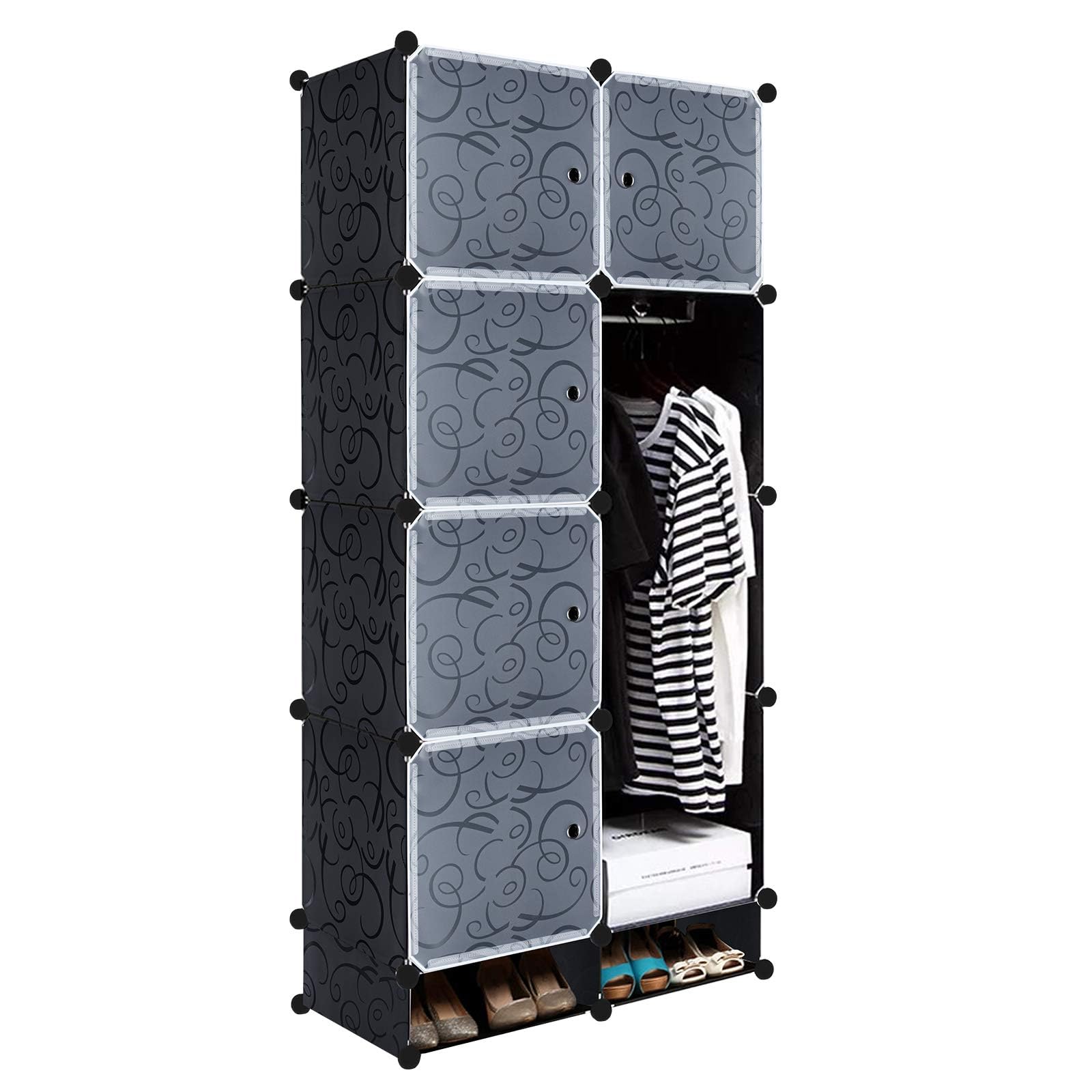 Froadp Armoire pliable à 8 grilles - Système d'étagères enfichables - 157 x 70 x 35 cm - En plastique - Pour rangement de vêtements, vêtements, jouets, livres - Noir
