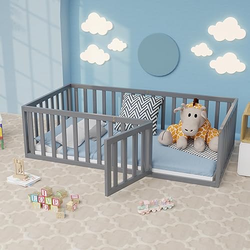Cama de suelo individual Montessori con barandillas de seguridad y puerta, marco de madera para niños y niñas, fácil montaje (gris)