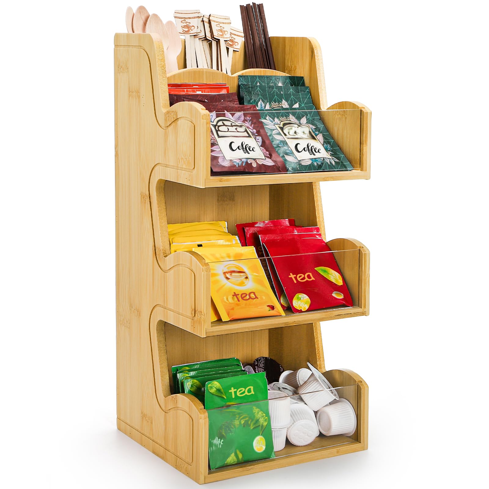 Nagpew 3 Tier Bamboo Coffee Condiment Station, 6 Compartments Coffee Tea Holder with Removable Acrylic Front Wall, Tabletop Organizer Sugar Pod Utensil for Countertop, Office, Home, Kitchen