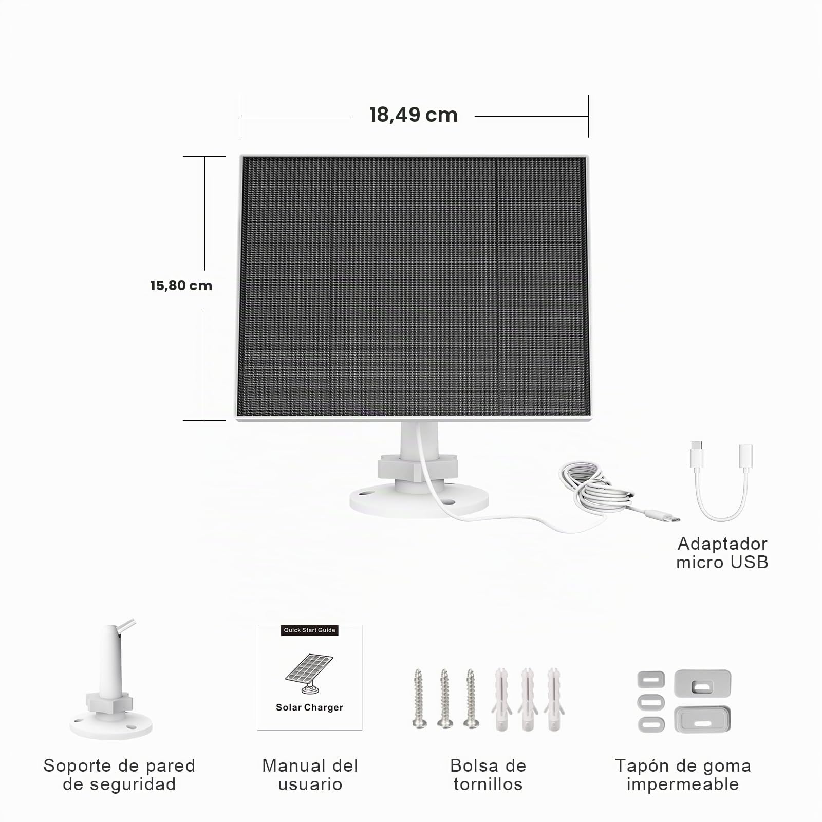 Panel Solar para Cámara Eufy, 5W Cargador Solar para Eufy Compatible Con Eufycam 3/3C/2/2 Pro/2C/2C Pro/E/E20/E40/L20/L40, Panel Solar Con Puerto Usb-C, Adaptador Micro Usb, 3 Paquete
