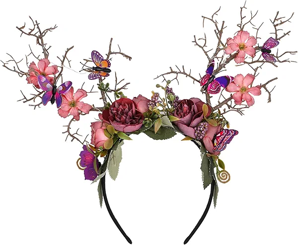 MOSTORY Purple Flower Branch Headband - Light up Woodland Hairband with Butterfly Forest Antler Headpiecde for Women Renaissance Faire Cosplay Halloween Prom