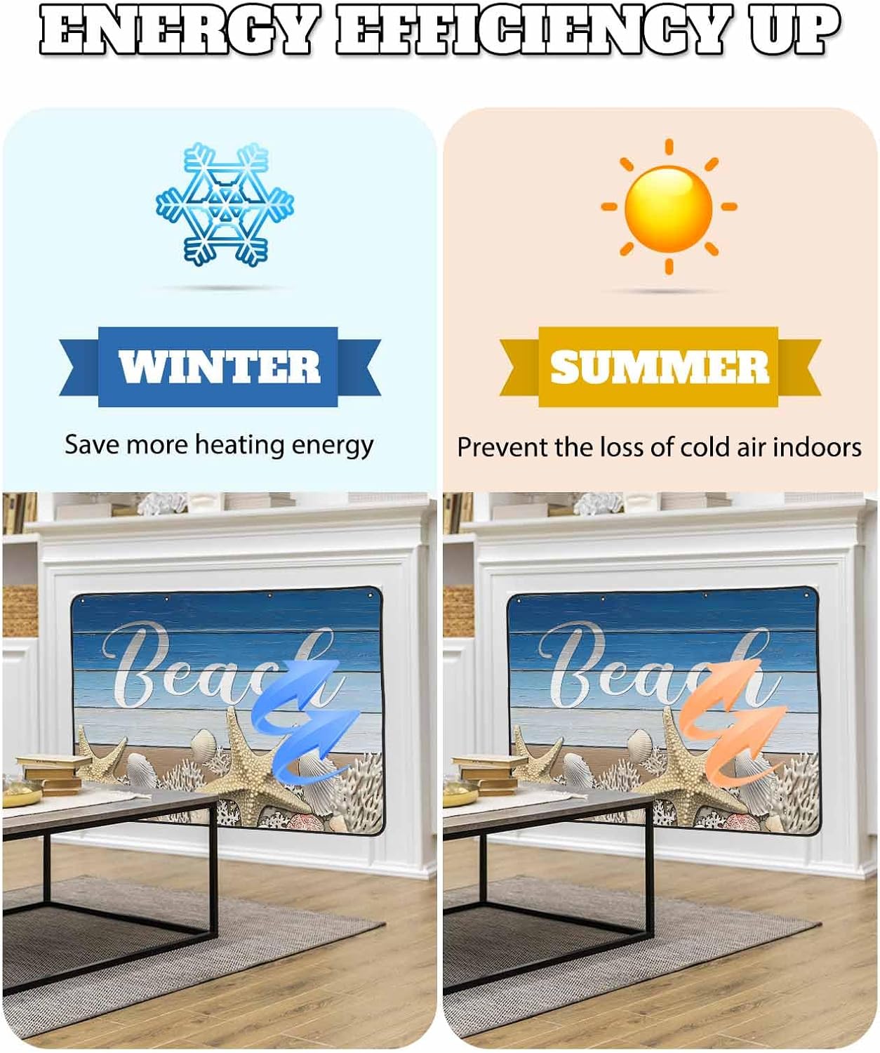 Magnetic Fireplace Cover Summer Beach Starfish Fireplace Screen Decorative Shell Coral Blue Wood Grain Insulation Fireplaces Blocker Save Energy Fireplaces Draft Stopper Covers for Living Room 36x30