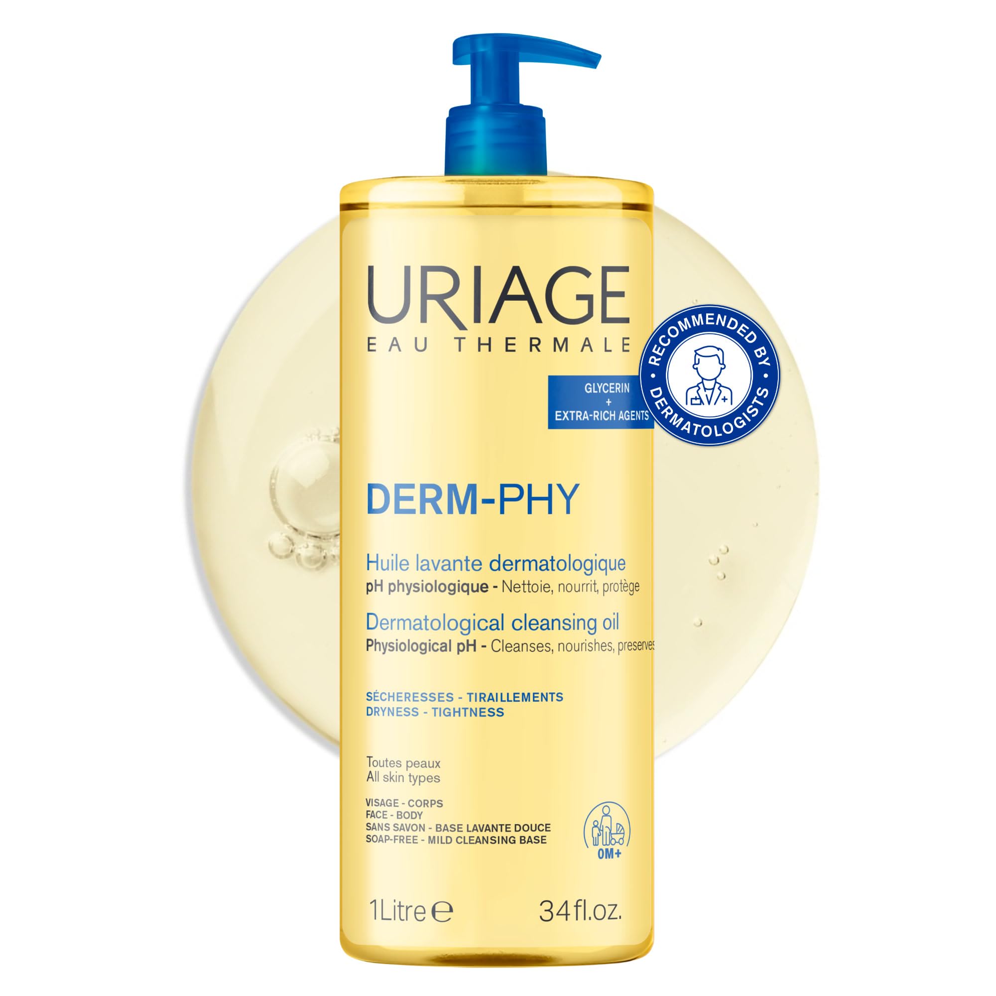 Uriage Derm-Phy Shower Oil 1L - Face & Body Wash - Dry & Sensitive Skin - Cleanses, Nourishes, Prevents Dryness - 25% Glycerin & Extra-Rich Agents - Physiological pH - Soap-Free