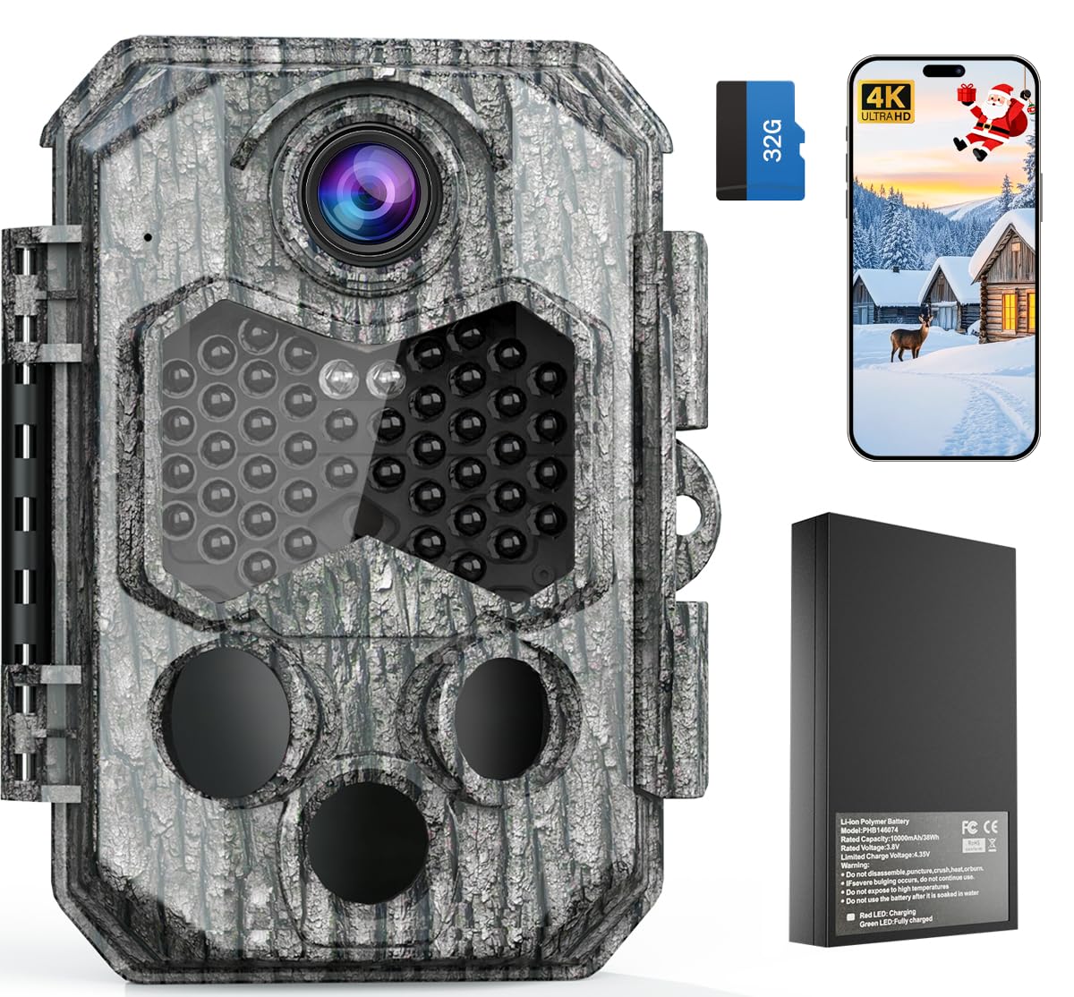 Wildkamera, Video 4K H.264 60MP mit 10000mAh Akku | WLAN Kamera Jagd mit Integrierter SD-Karte,IR Nachtsicht, Bewegungserkennung & 130° Weitwinkel