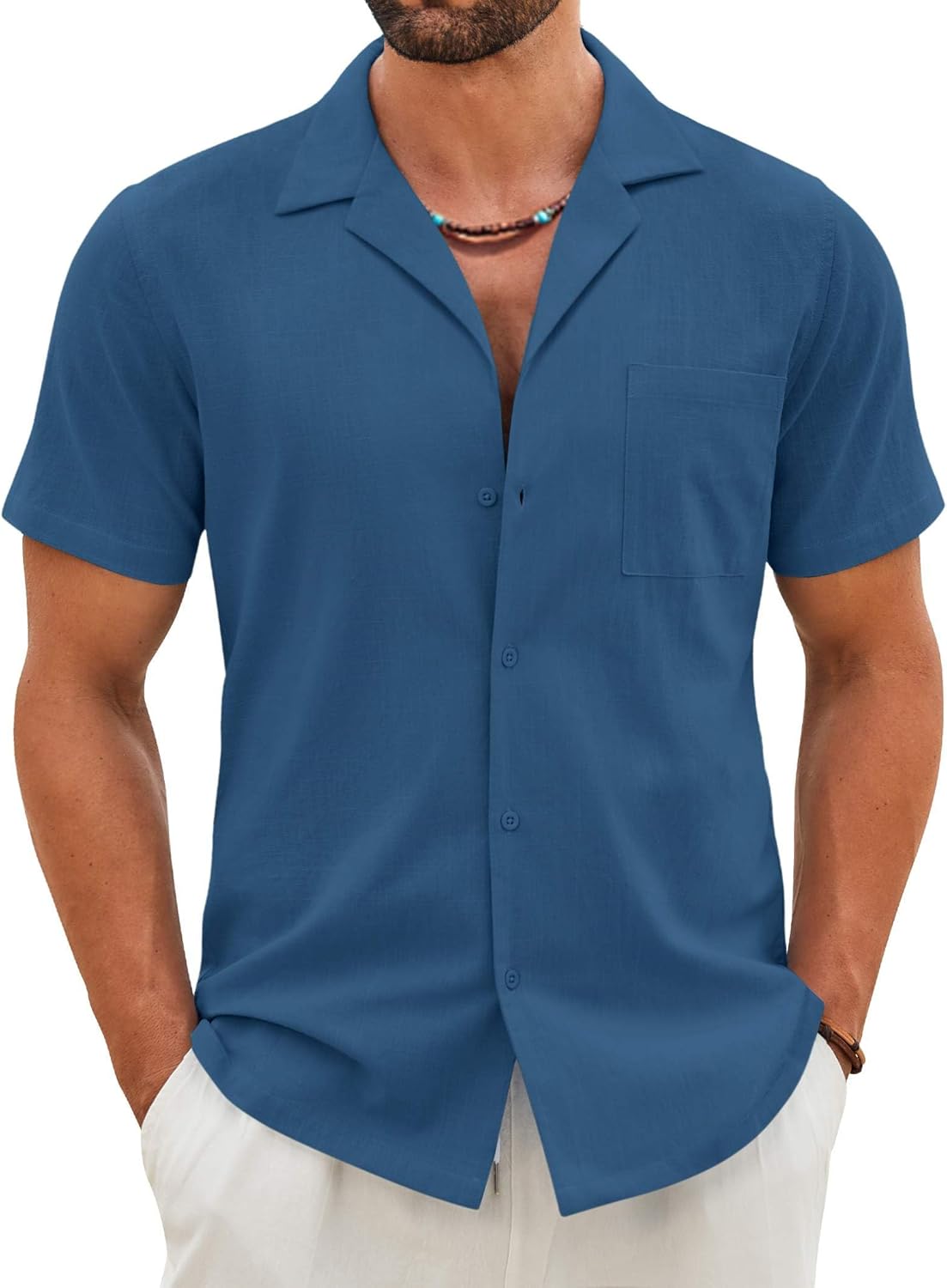 COOFANDY Mens Cotton Linen Shirt Casual Button Down Short Sleeve Shirts Summer Cuban Vacation Beach Shirts with Pocket