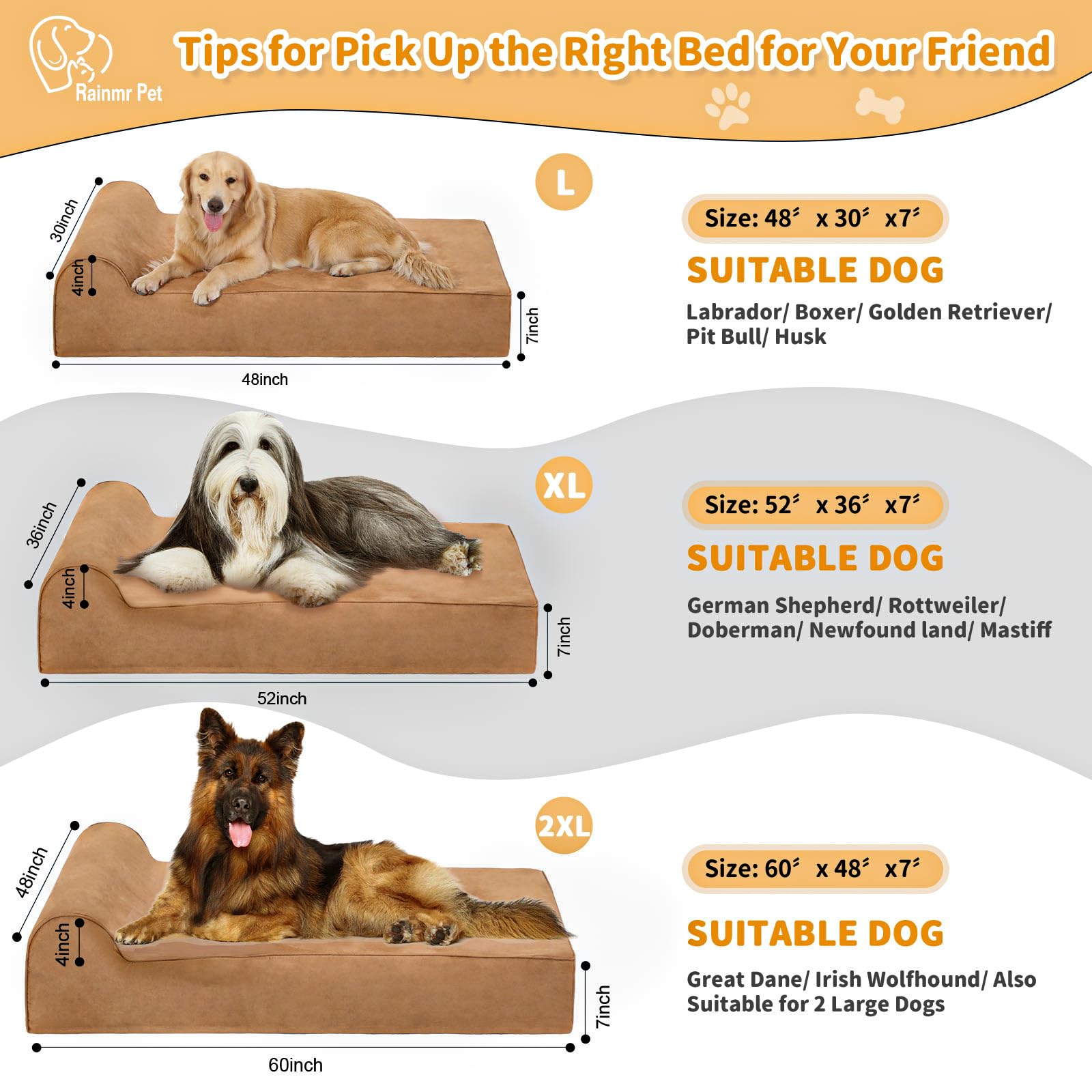 Orthopedic Dog Beds for Large Dogs, 7" Memory Foam Dog Beds with Waterproof Liner, Durable Microsuede Cover, Removable and Washable, Nonskid Bottom, 48"x30"x7" L Khaki - image 5
