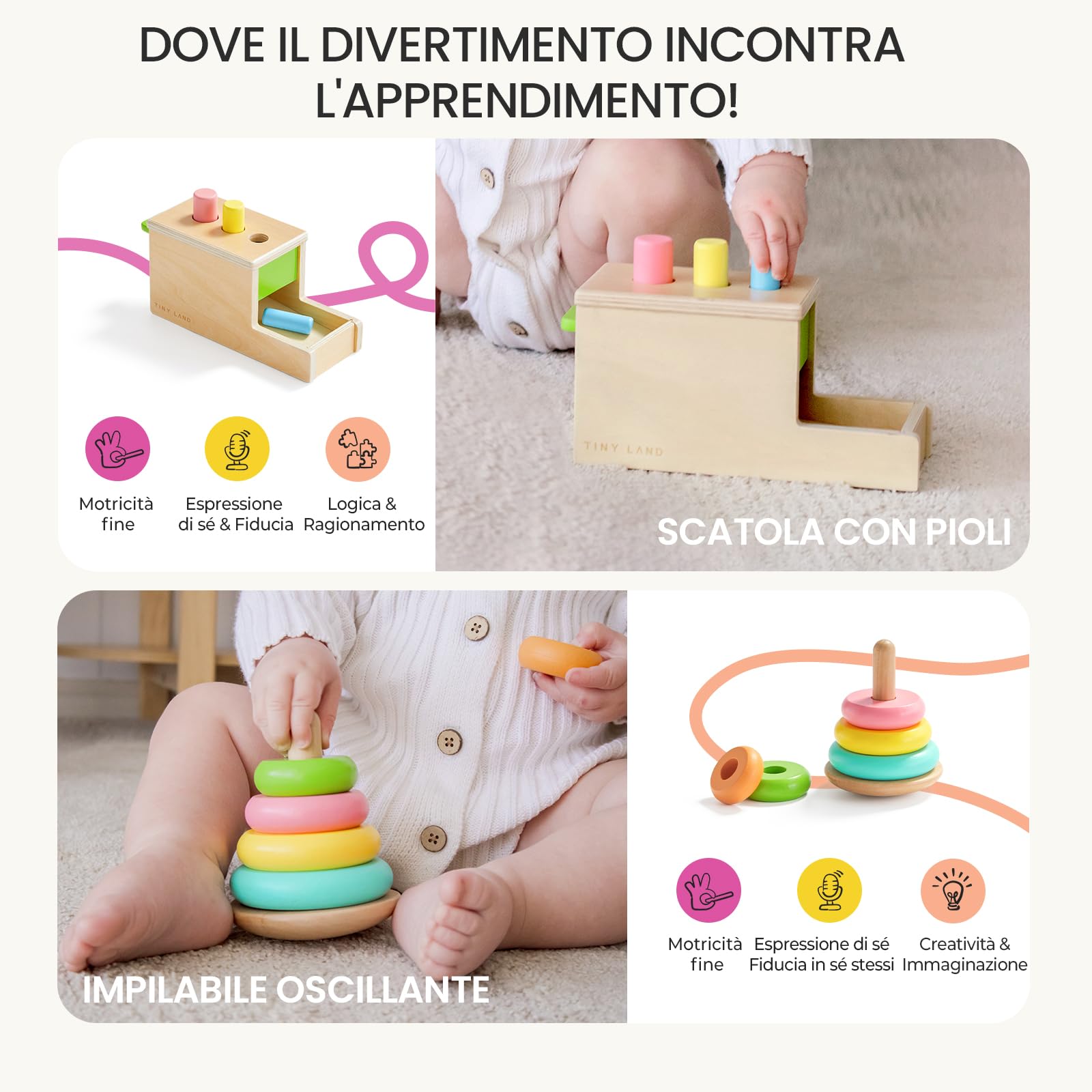 Tiny Land Set di Giocattoli Montessori 5 in 1 per Bimbi di 10-12 Mesi | Giocattoli Educativi di Legno con Impilatore Oscillante, Divisore di Uova, Set di Scatole e Borsa Arrugata