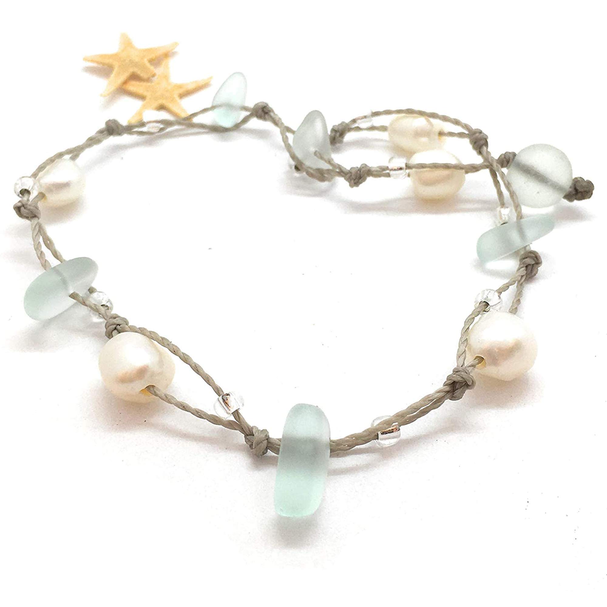 Beach SoulSea Glass Bracelet or Ankle Wrap with Mint Green Glass and Freshwater Pearls, Beachy Boho Jewelry for Women, 11" Wrap