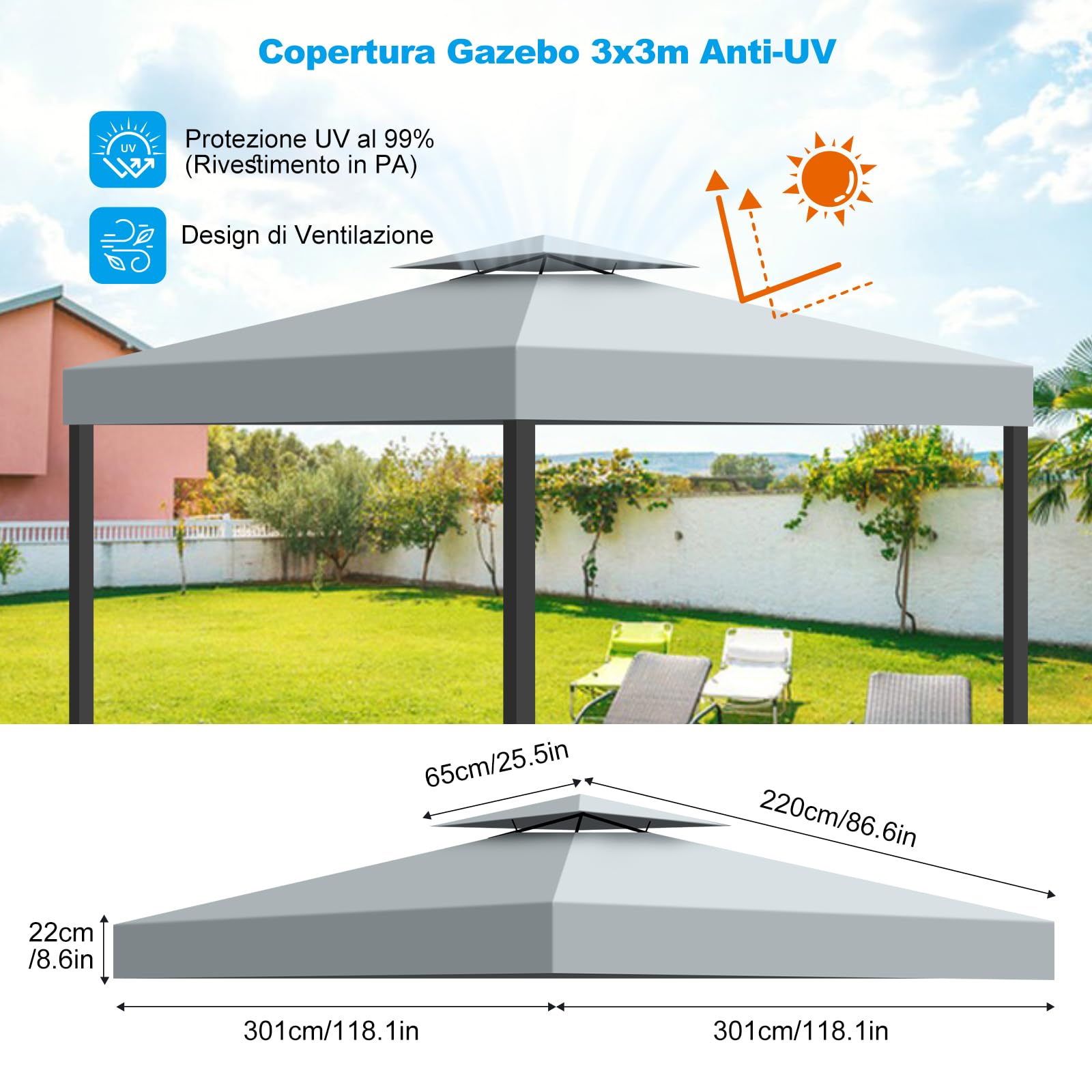 Telo Ricambio Gazebo 3x3m - Impermeabile E Anti-UV, Poliestere 300D Per Esterno - Foto 3