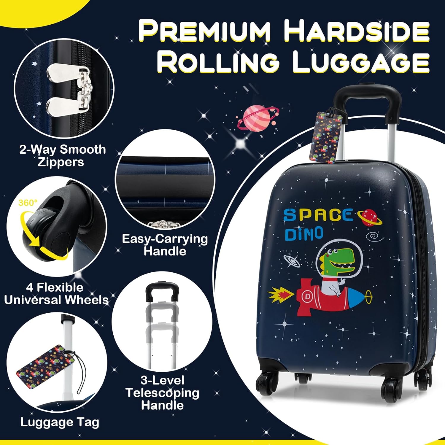 BABY JOY Kids Luggage, 5 Pieces Luggage Set w/ 16" Carry-on Hardshell Spinner Toddler Suitcase, 13" Backpack, Neck Pillow & Insulated Lunch Bag, Travel Kids Rolling Suitcase for Boys (Navy Astronauts)