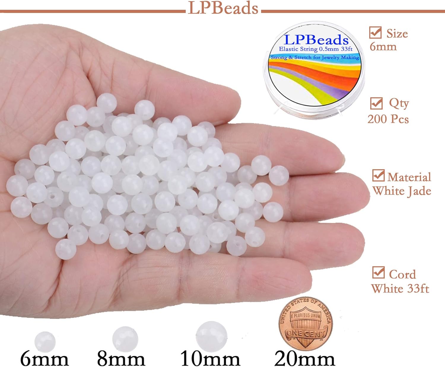 LPBeads 200Pcs Polished 6mm Round Natural White Jade Gemstone Loose Beads with Stretch Cord for Jewelry Making Bracelets - Image 2