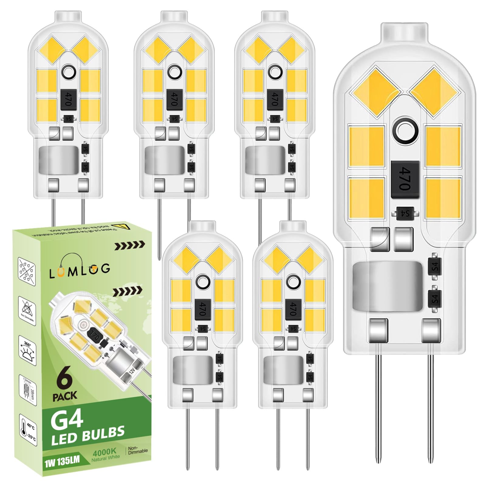 G4 LED Bulbs 1W, AC/DC 12V, Natural White 4000K, Equivalent 20W G4 Halogen Lamp, 135LM, No Flickering Energy Saving Capsule Light Bulb for Home-Lighting 6 Pack [Energy Class E] [Energy Class E]