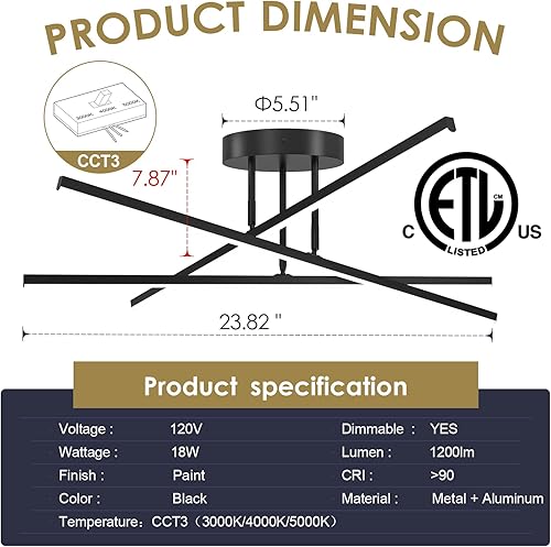 Miniatura 7 de AIRYPHANT Lámpara LED moderna de 18 W, regulable, color negro, semiempotrada, para cocina, comedor, vestíbulo, entrada, 23.82 pulgadas