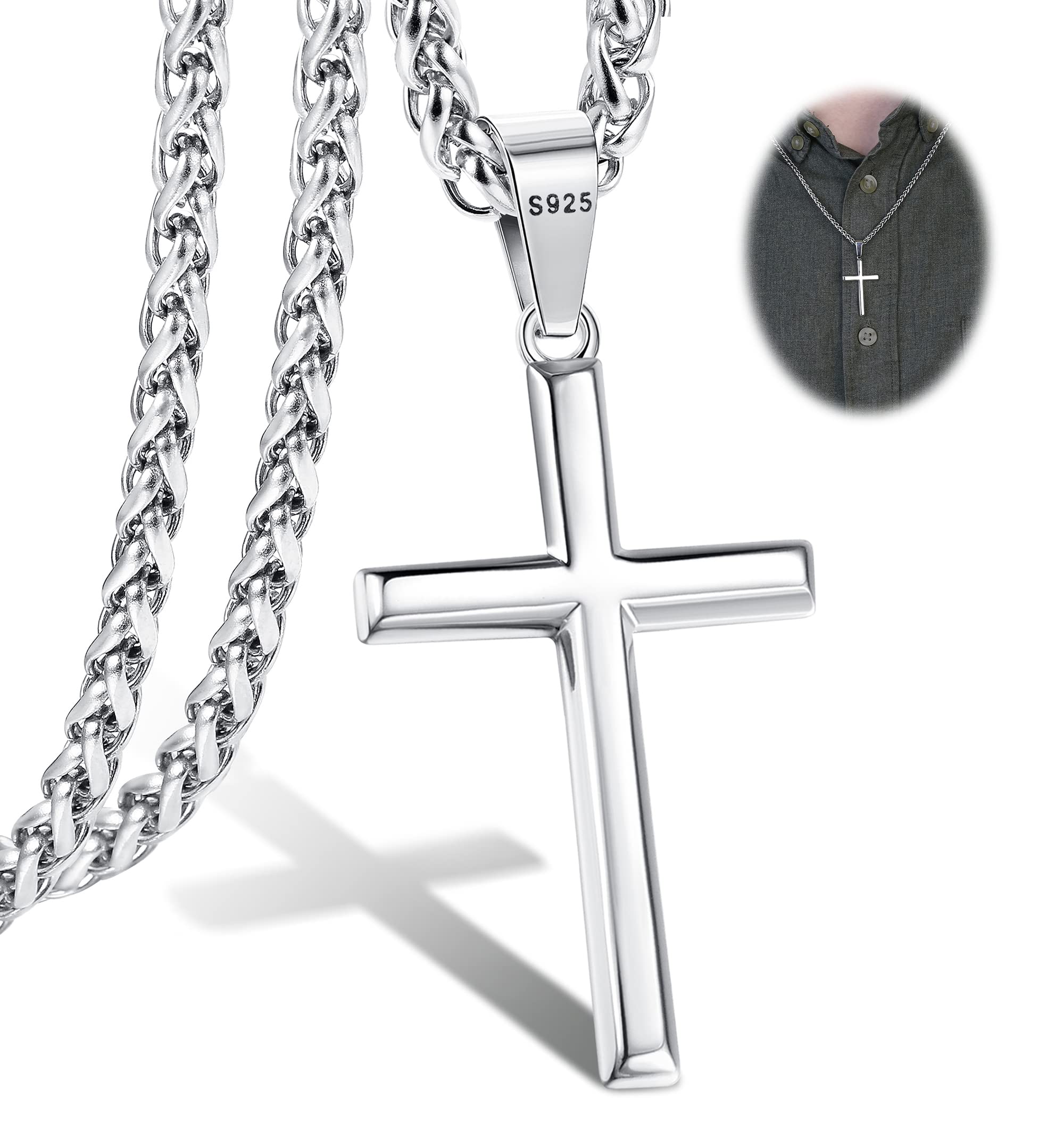 LOLIAS925 Sterling Silver Cross Necklace Men-Removable Silver Cross Pendant with Hypoallergenic 316L Stainless Steel Wheat Chain Crucifix Necklace Jewelry for Mens Women, 16-30 InchesRecycled Claim Standard 100