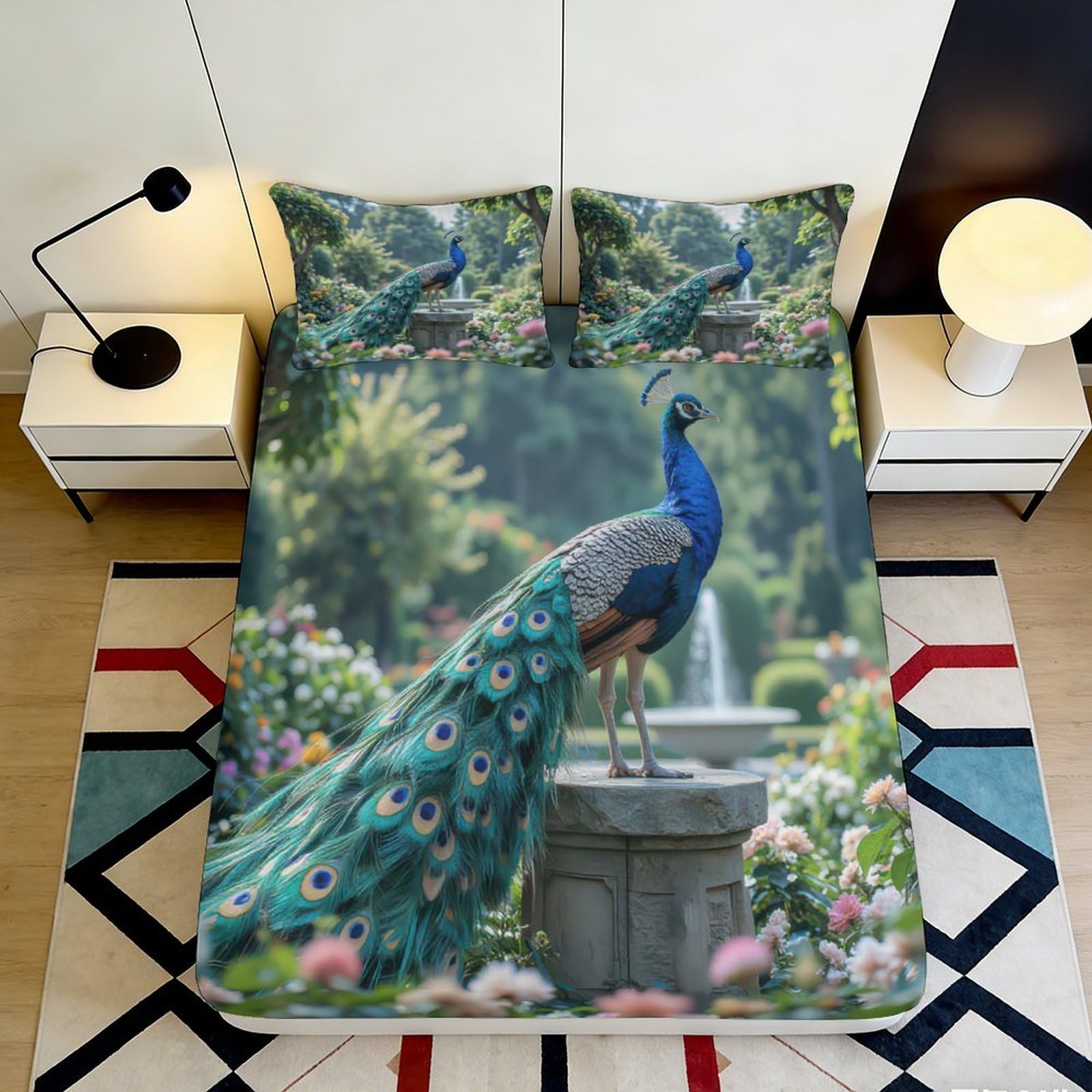 3D Printed Peacock Garden Fitted Sheet Microfiber Soft Green Blue Fountain Mattress Cover for Bedroom Guestroom Dorm Decor 90x200x25cm