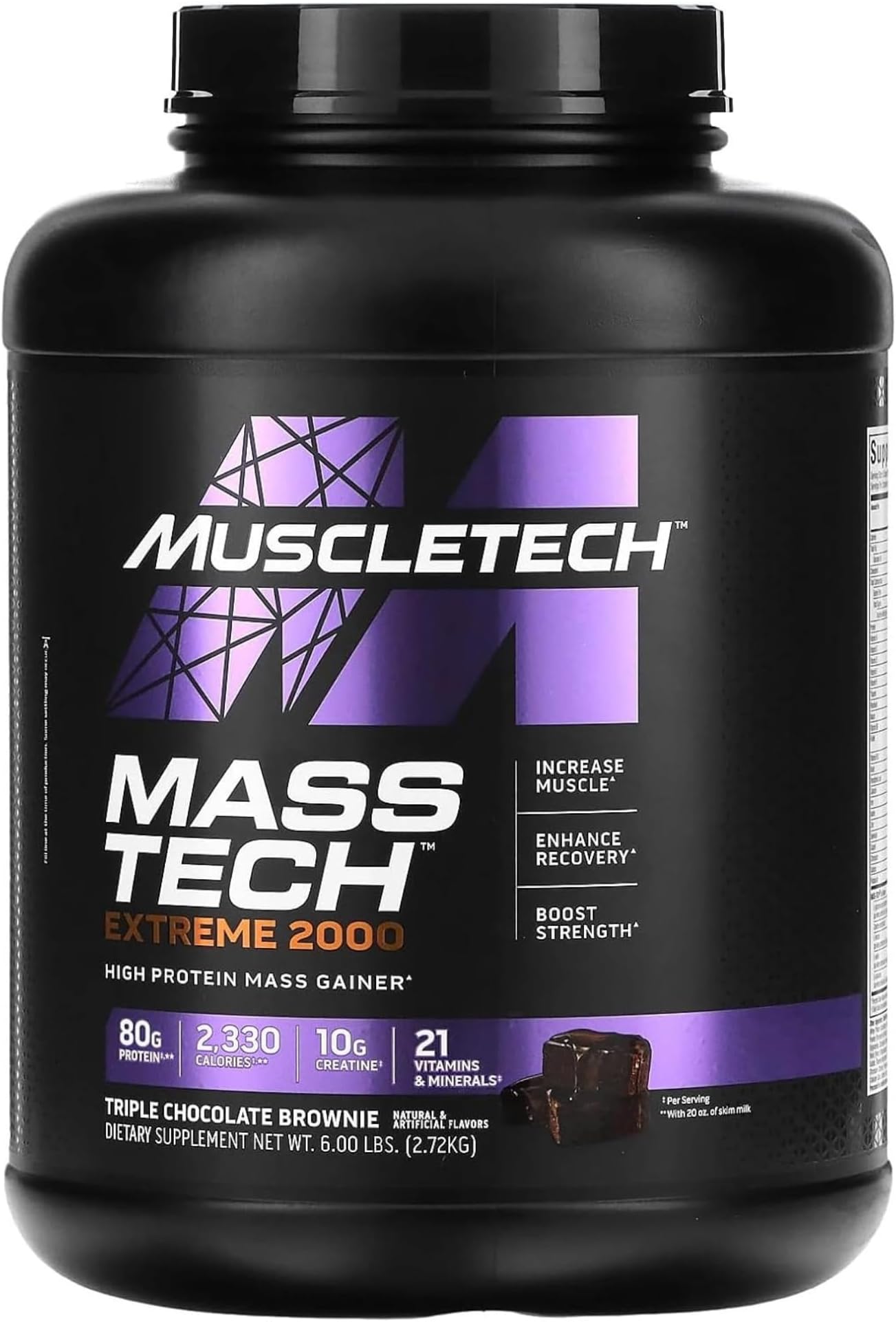 MuscleTech Mass Tech Extreme 2000 High Protein Mass Gainer Enhance Muscle Size & Strength, Increase Performance & Supports Muscle Recovery for Men & Women, Triple Chocolate Brownie Flavor, 6.00 lbs