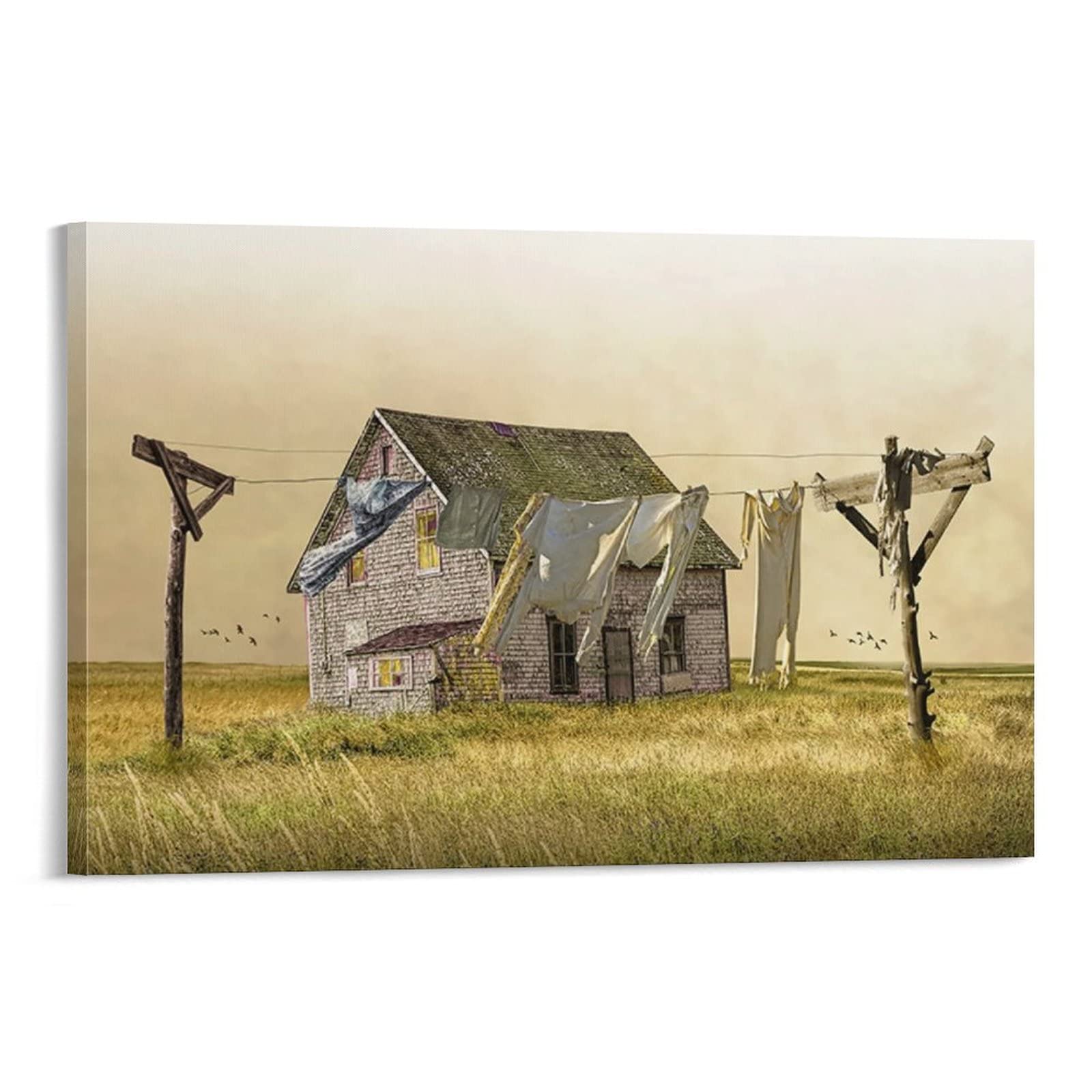 Laundry Day Rural Laundry Clothesline Retro Image Country Farm Nature Landscape Still Life Aesthetic Canvas Wall Art Prints for Wall Decor Room Decor Bedroom Decor Gifts 12x18inch(30x45cm) Frame-sty
