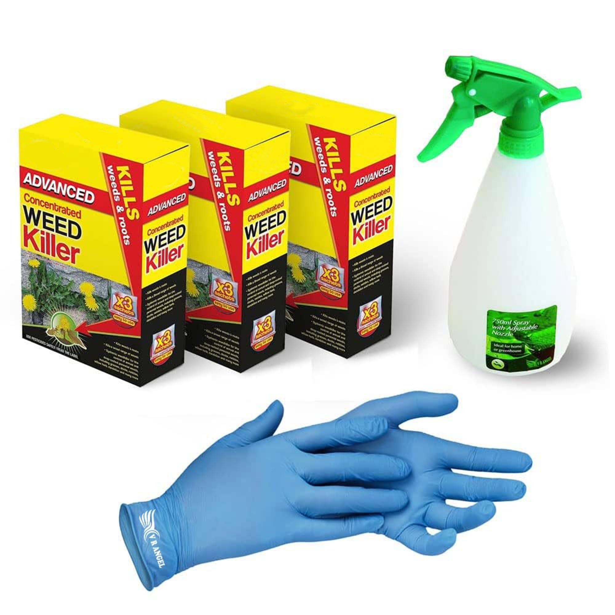 3 x Advanced Concentrated Weedkiller with VR Angel 1 Pair Non-Sterile Gloves & 750ml Plastic Spray Bottle Super Strength and Easy to use Contains Glyphosate kills unwanted vegetation (3 x 80ml Sachet)