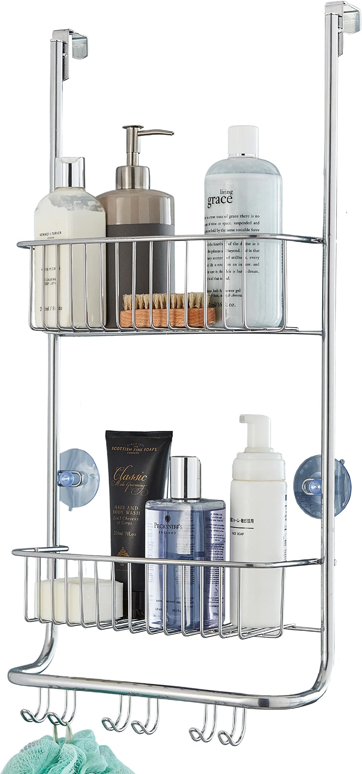 Direct Online Houseware Stylish Metallic Silver Rust-Proof Premium 2 Tier Hanging Shower Caddy - Over Door Metal Storage Racking - 65 H x 30.5 W x 16.5 D - 2 Year Rust-proof Guarantee