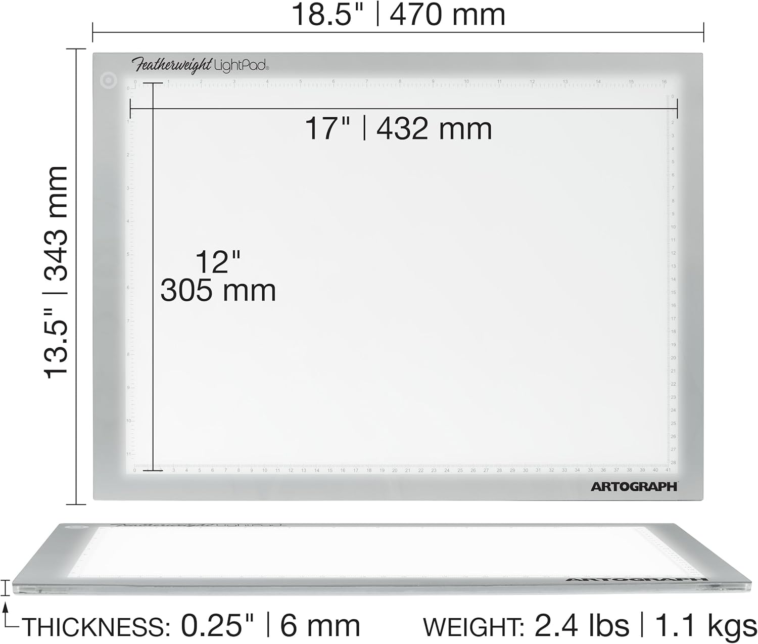 Artograph Featherweight Lightpad, Ultra-Thin Dimmable Drawing Board for Artists and Designers, Variable Brightness 500 to 7500 Lux, 12" x 17"
