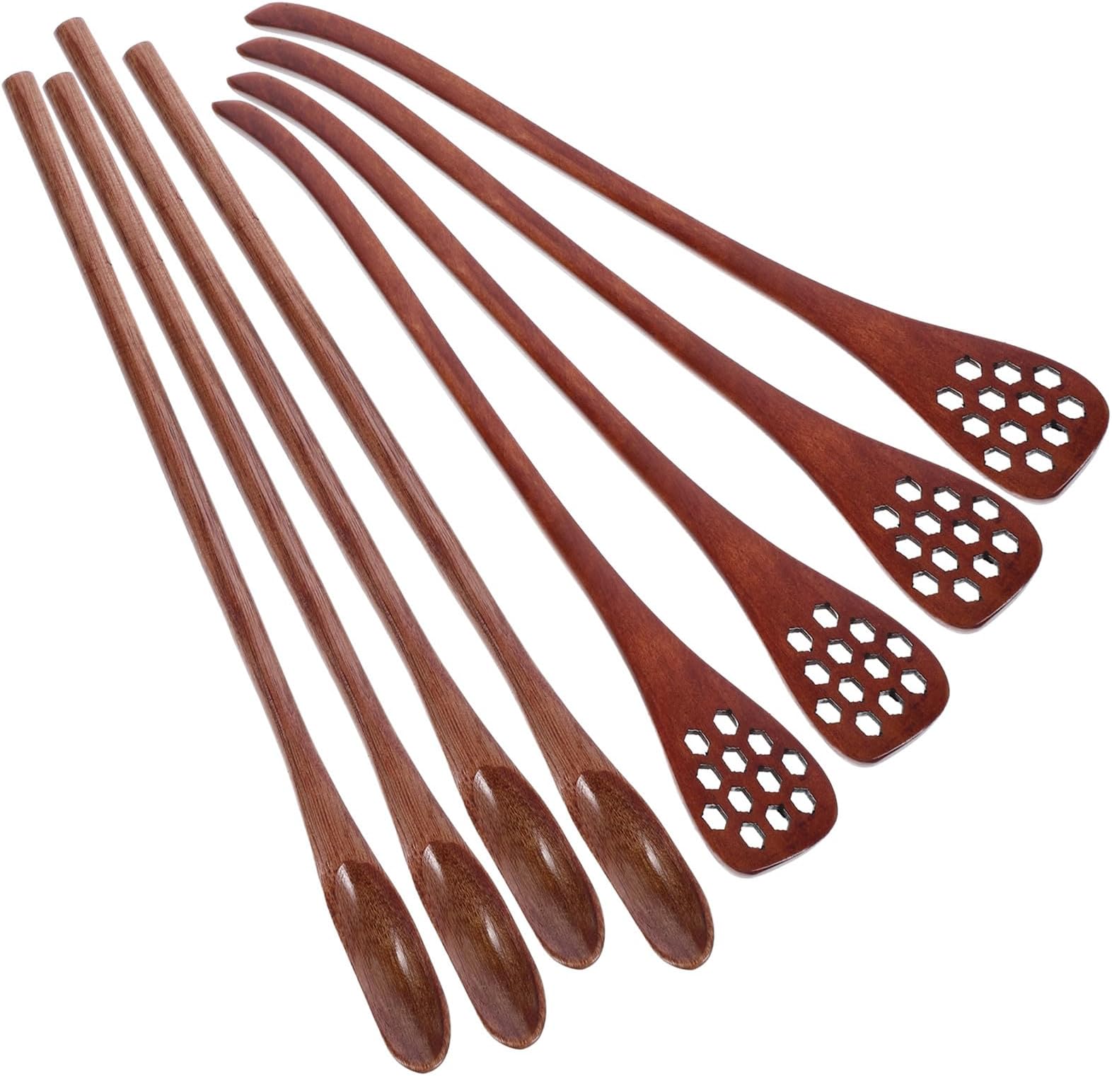 8pcs Wooden Stirring Spoons Set with Long Handle, Honey Dipper and Coffee Mixing Sticks, Reusable Wood Beverage Stirrer for Tea, Coffee, and Drinks in Kitchen