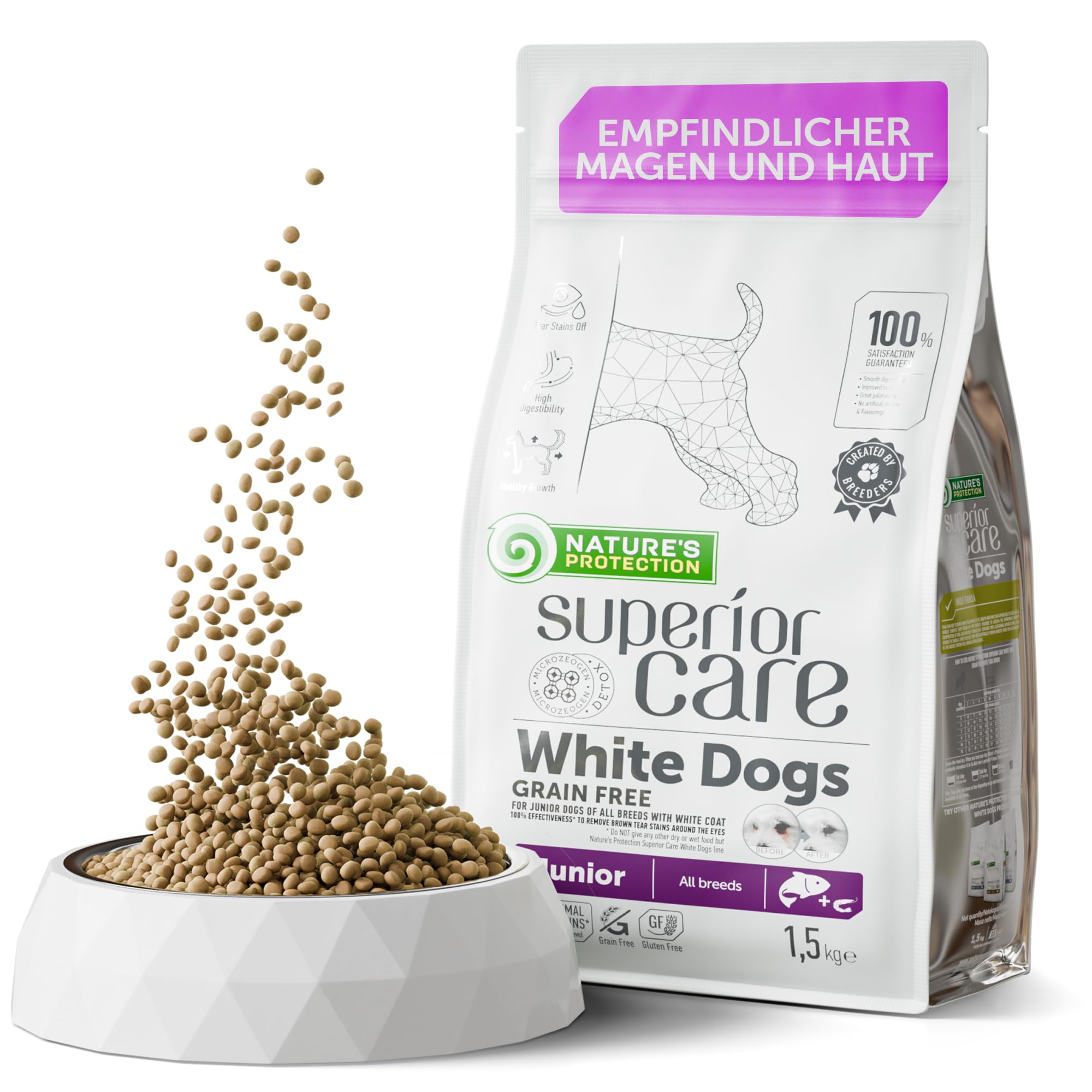 Nature's Protection Superior Care Hypoallergenes Hundefutter Trocken Getreidefrei für Alle Rassen - Welpenfutter mit Lachs für weiße Hunde, Entfernt Braune Tränenflecken, 1.5kg
